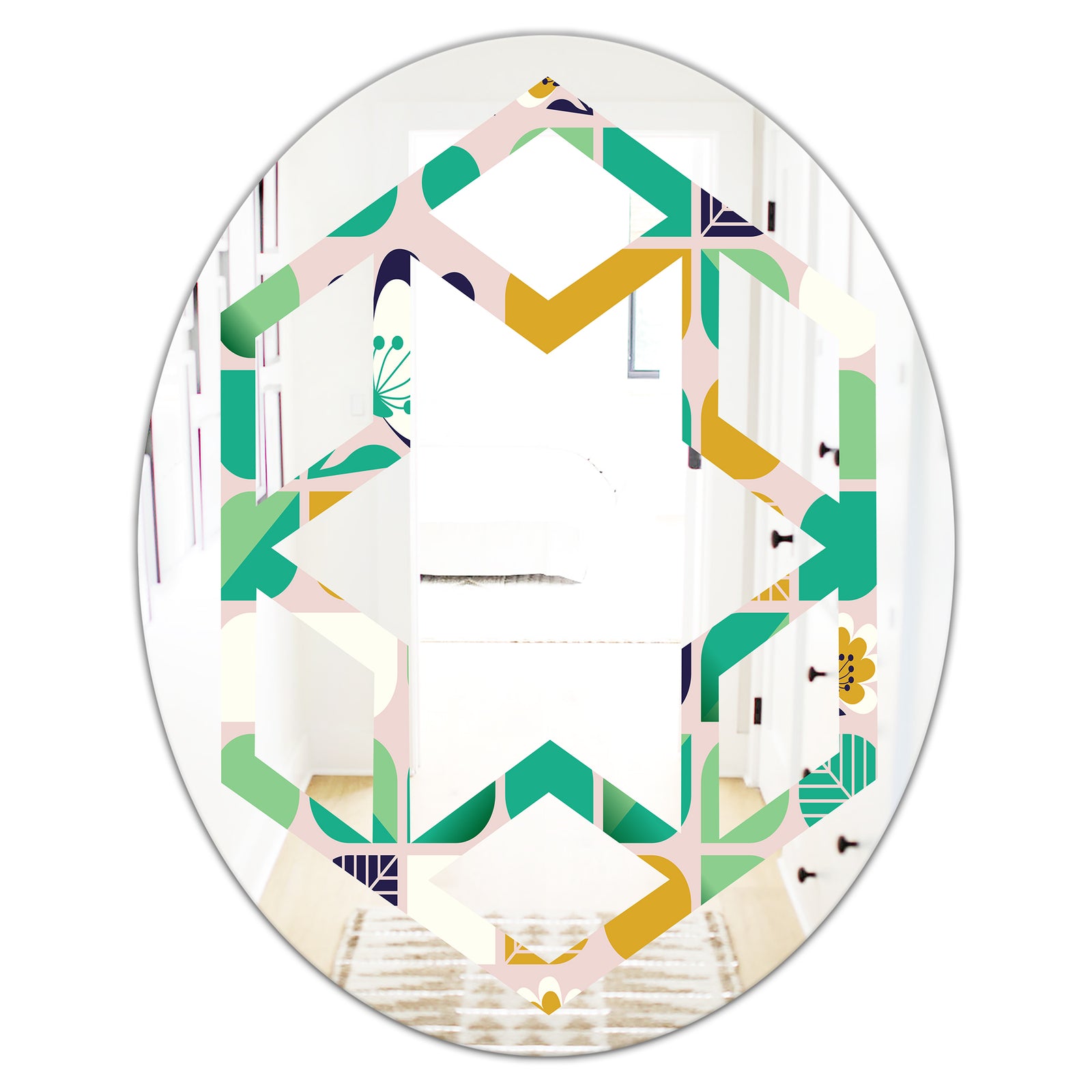 geometric pattern with leaves and flowers - Modern Round or Oval Wall Mirror - Hexagon Star