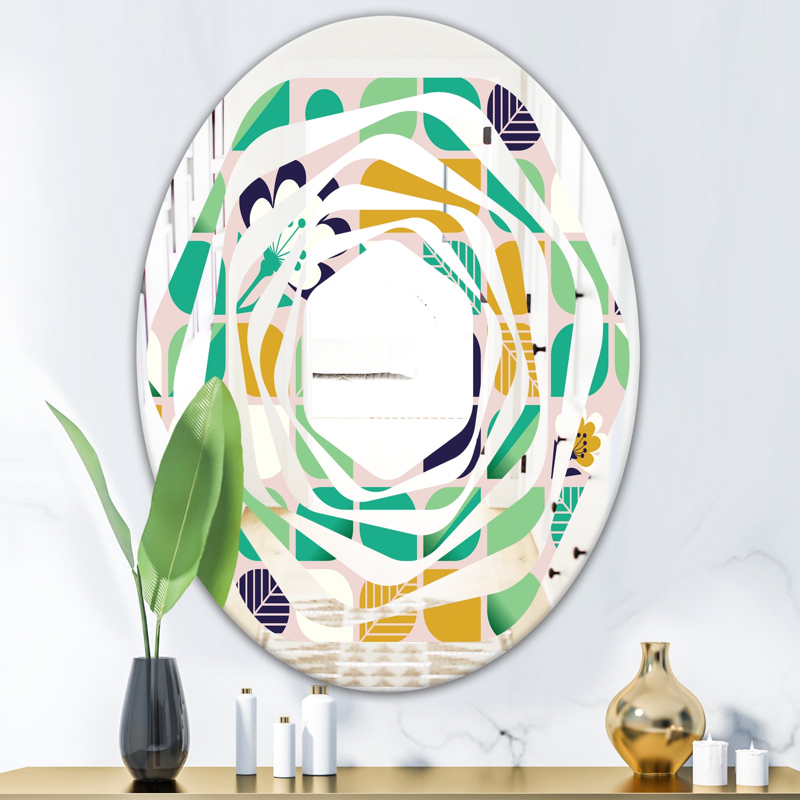 geometric pattern with leaves and flowers - Modern Round or Oval Wall Mirror - Whirl