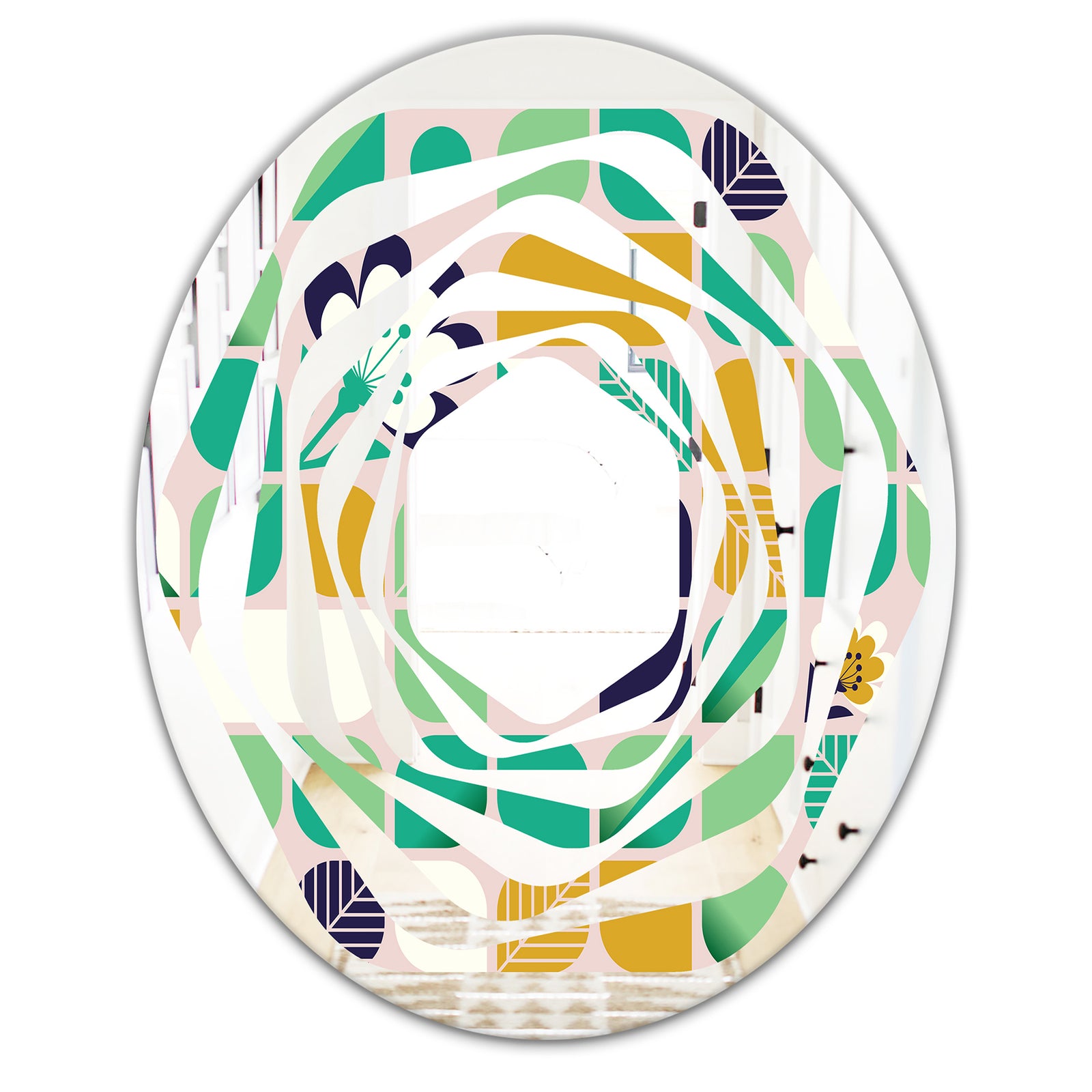 geometric pattern with leaves and flowers - Modern Round or Oval Wall Mirror - Whirl