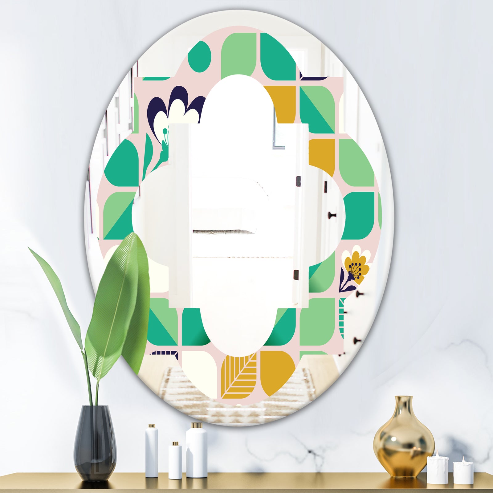 geometric pattern with leaves and flowers - Modern Round or Oval Wall Mirror - Quatrefoil