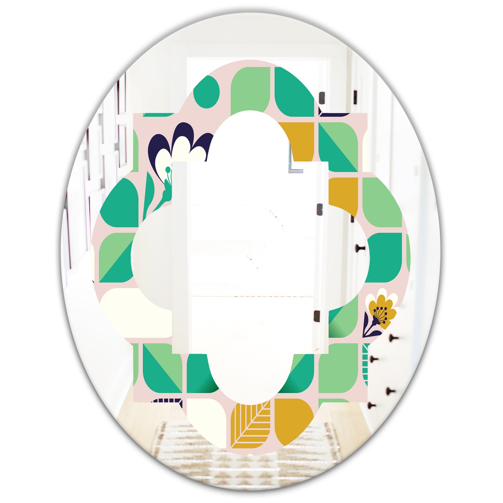 geometric pattern with leaves and flowers - Modern Round or Oval Wall Mirror - Quatrefoil