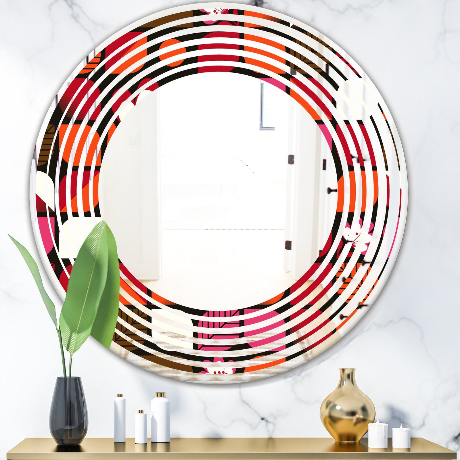 Geometric Retro Flower Design I - Modern Round or Oval Wall Mirror - Wave