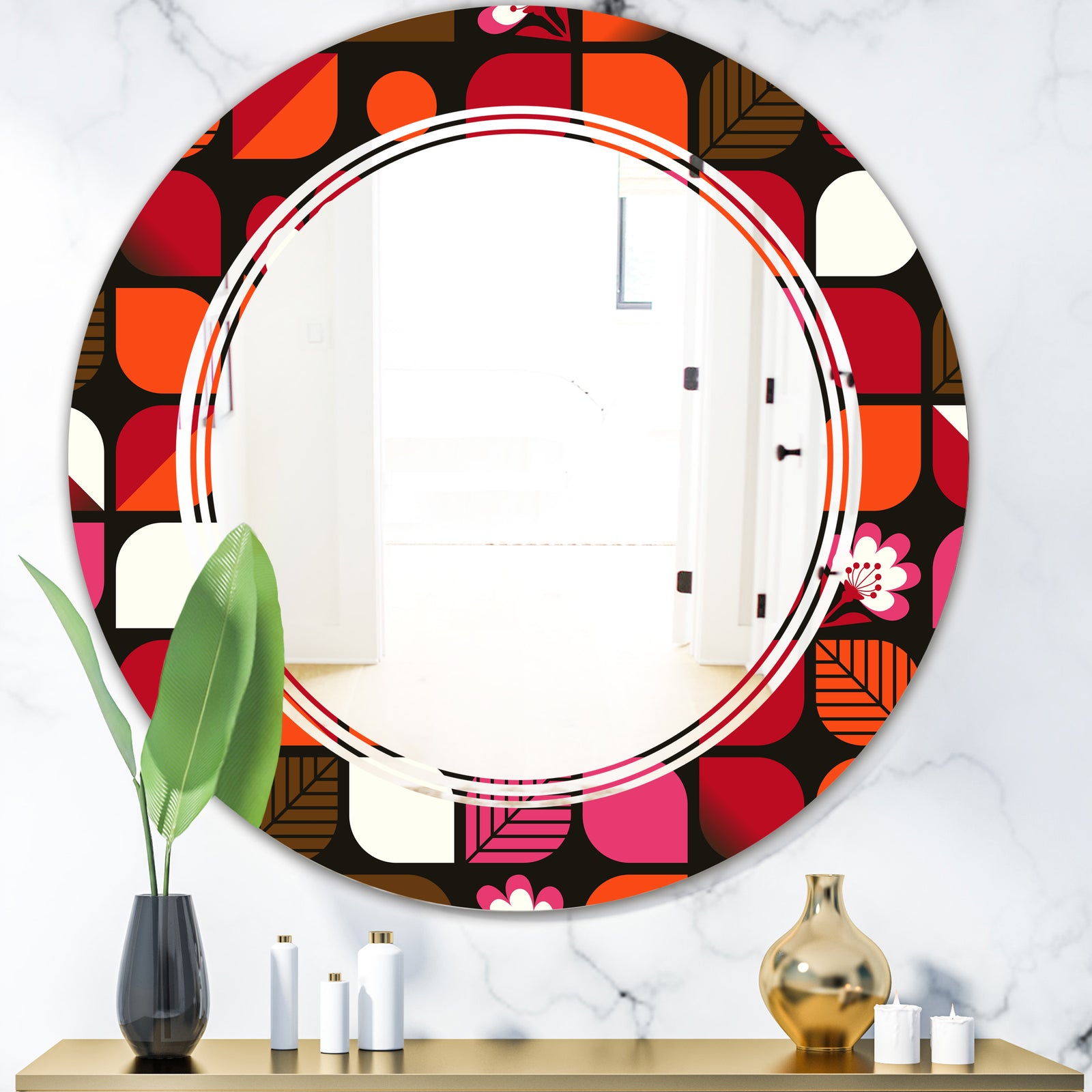 Geometric Retro Flower Design I - Modern Round or Oval Wall Mirror - Triple C