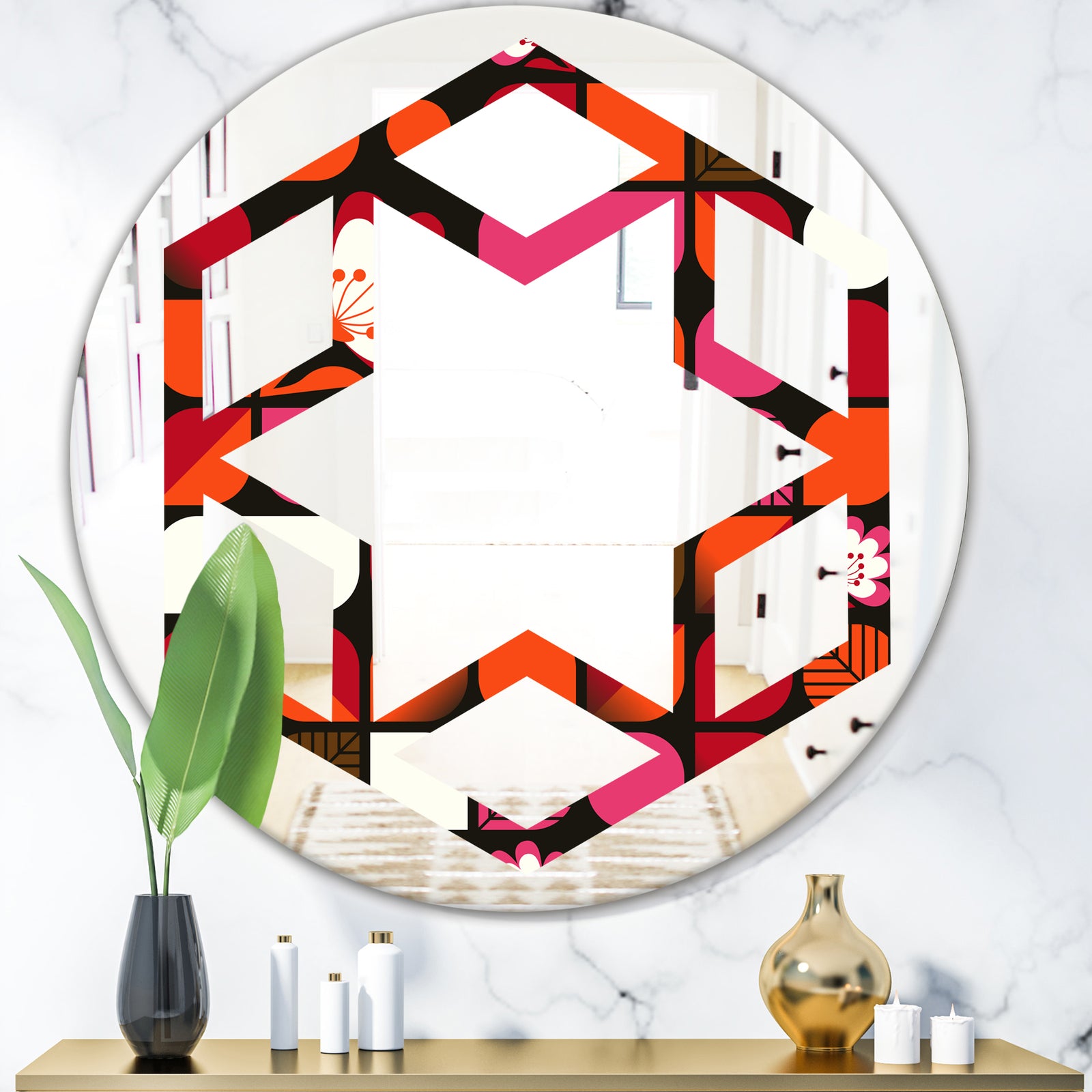 Geometric Retro Flower Design I - Modern Round or Oval Wall Mirror - Hexagon Star