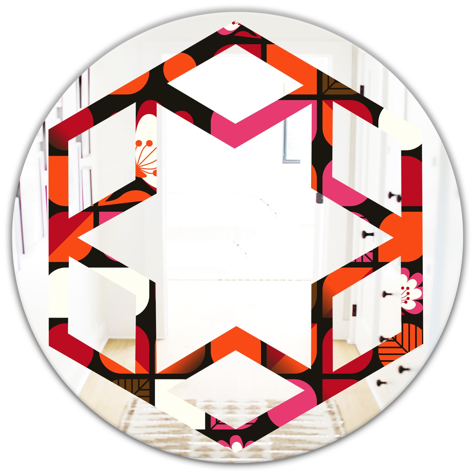 Geometric Retro Flower Design I - Modern Round or Oval Wall Mirror - Hexagon Star