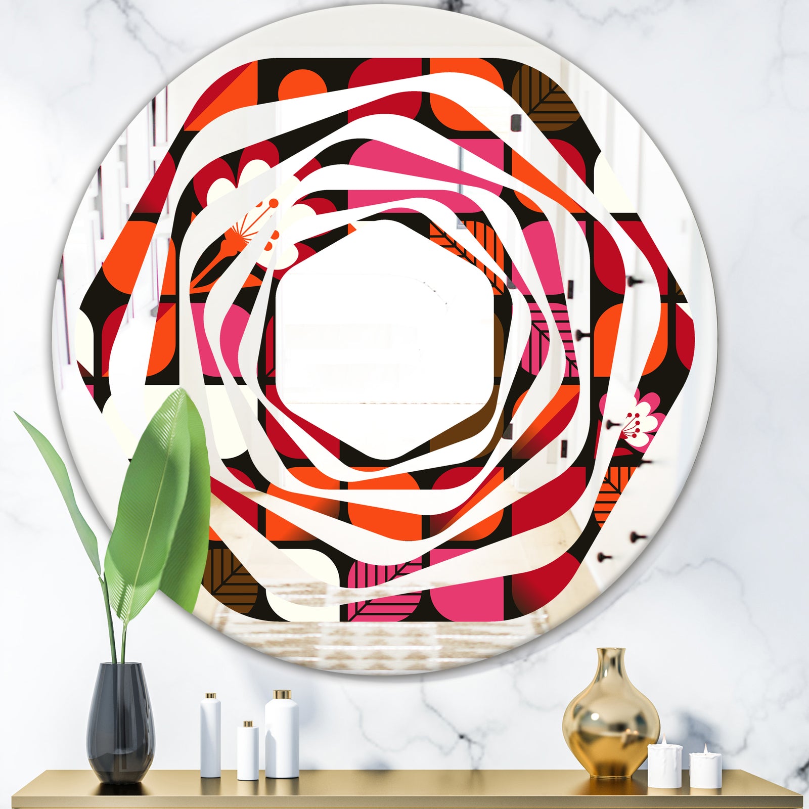 Geometric Retro Flower Design I - Modern Round or Oval Wall Mirror - Whirl