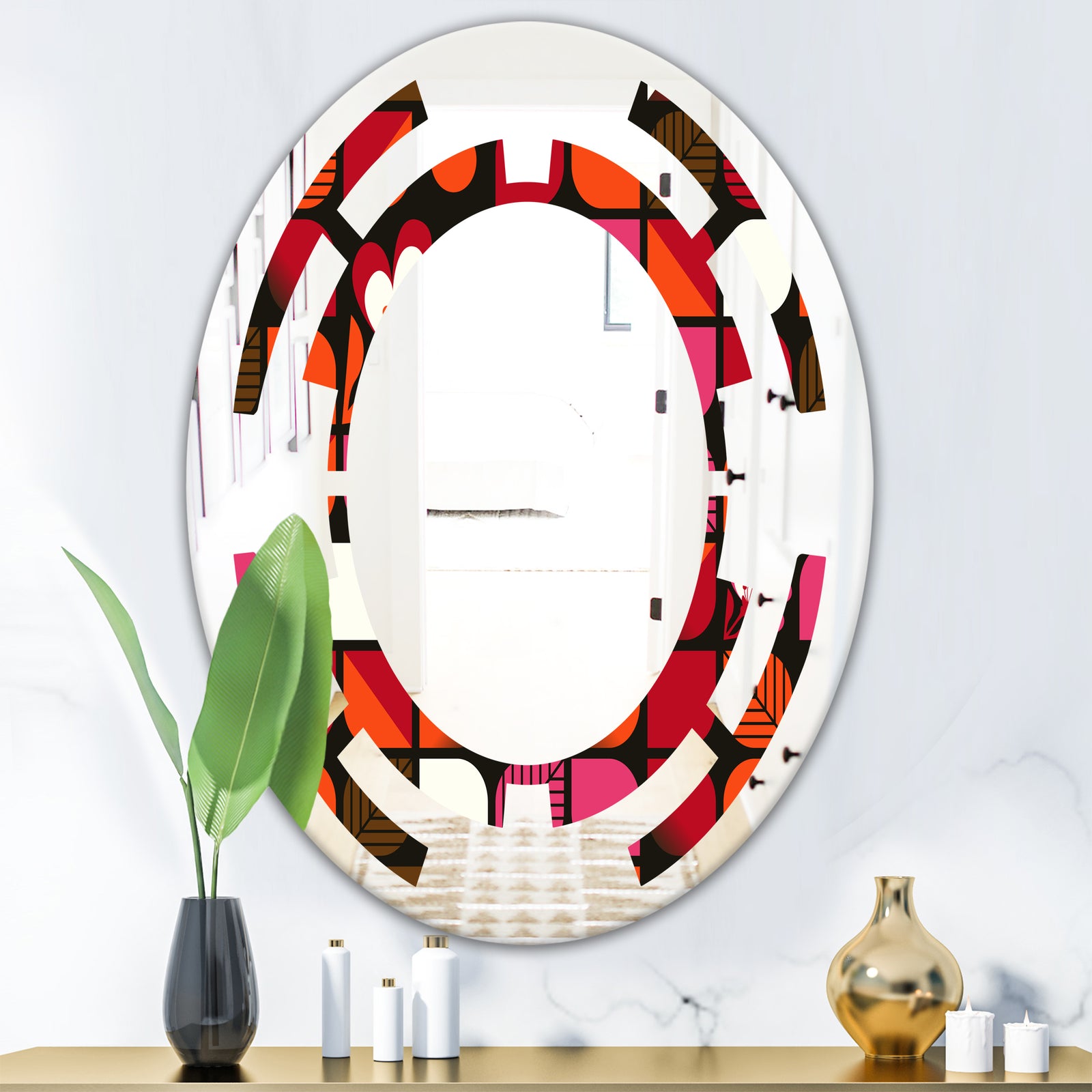Geometric Retro Flower Design I - Modern Round or Oval Wall Mirror - Space