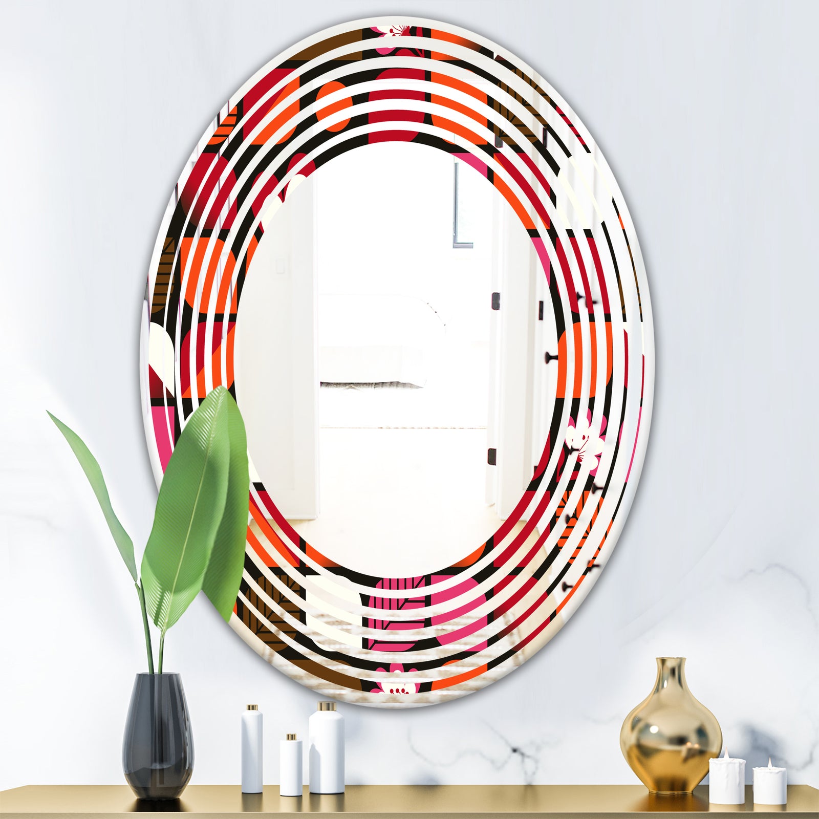 Geometric Retro Flower Design I - Modern Round or Oval Wall Mirror - Wave