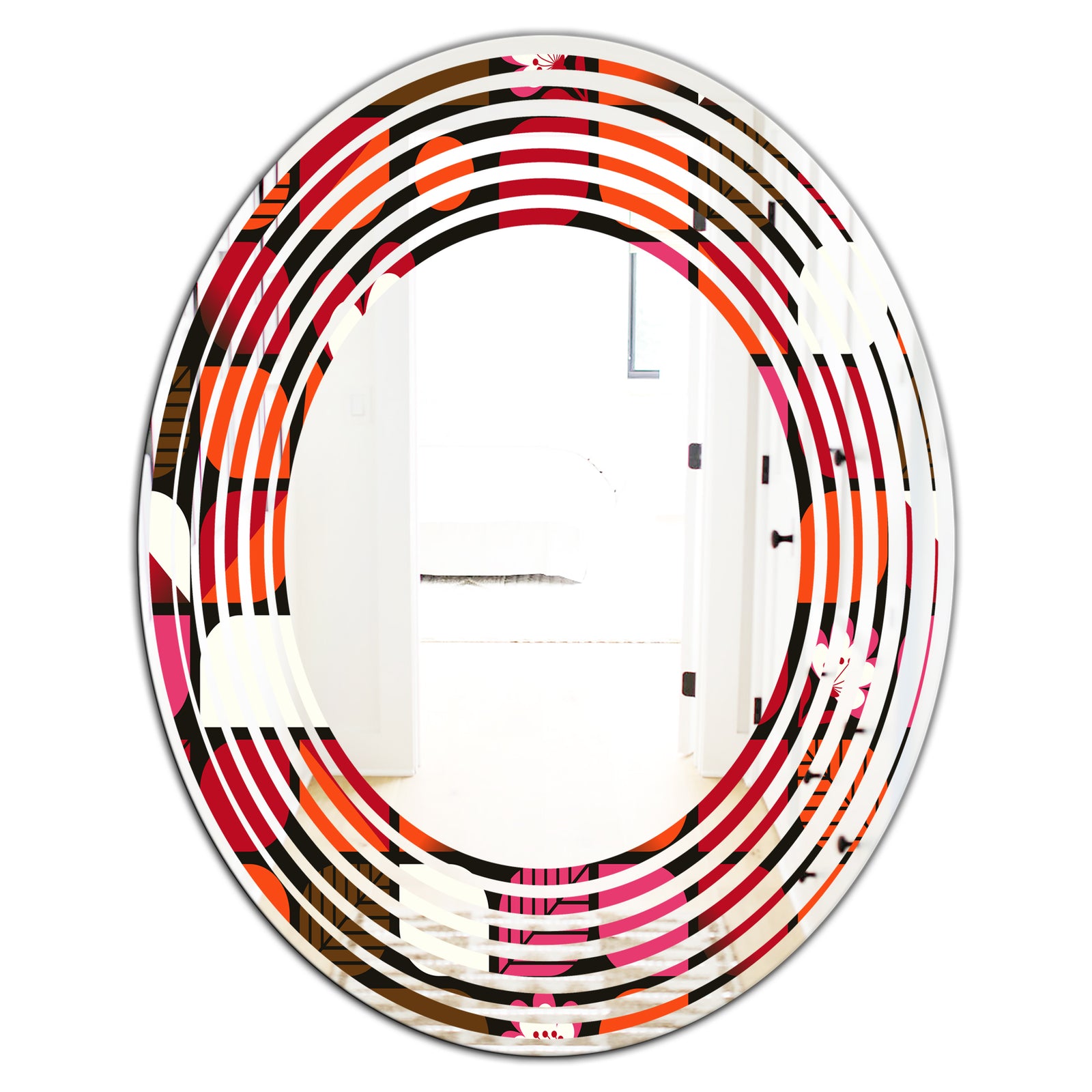 Geometric Retro Flower Design I - Modern Round or Oval Wall Mirror - Wave
