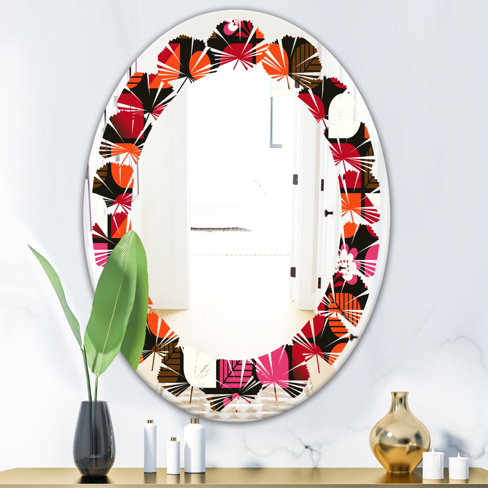 Geometric Retro Flower Design I - Modern Round or Oval Wall Mirror - Leaves