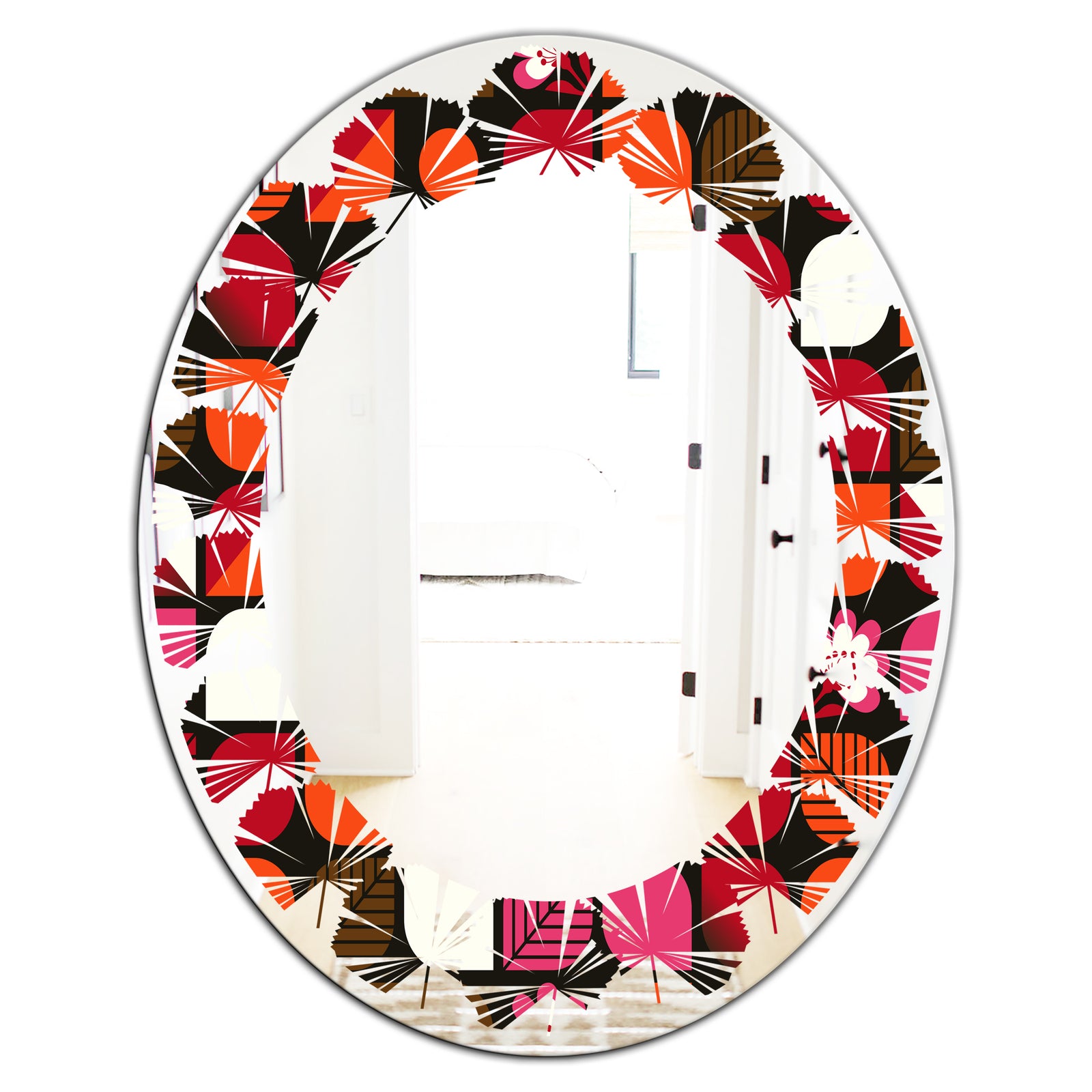 Geometric Retro Flower Design I - Modern Round or Oval Wall Mirror - Leaves