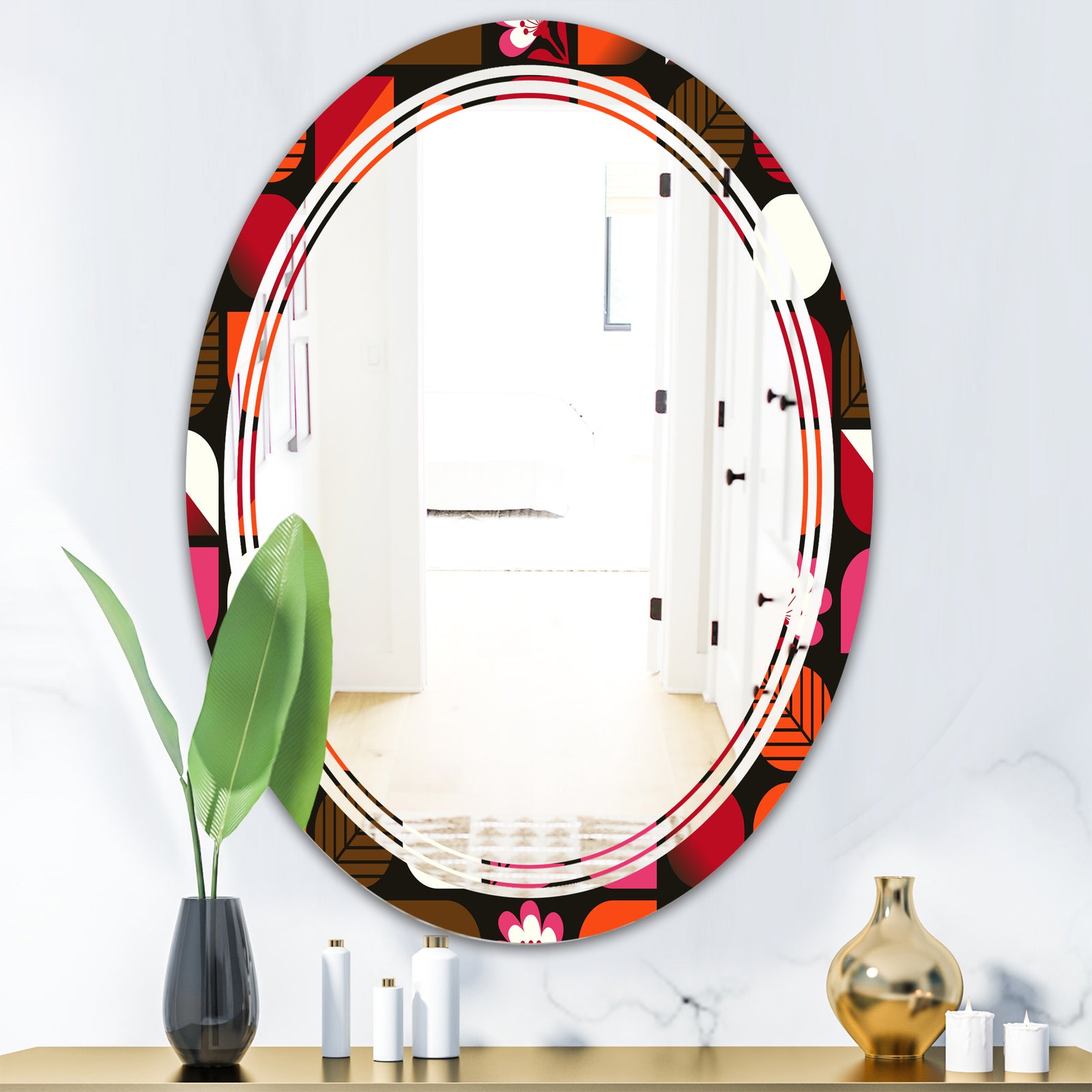 Geometric Retro Flower Design I - Modern Round or Oval Wall Mirror - Triple C