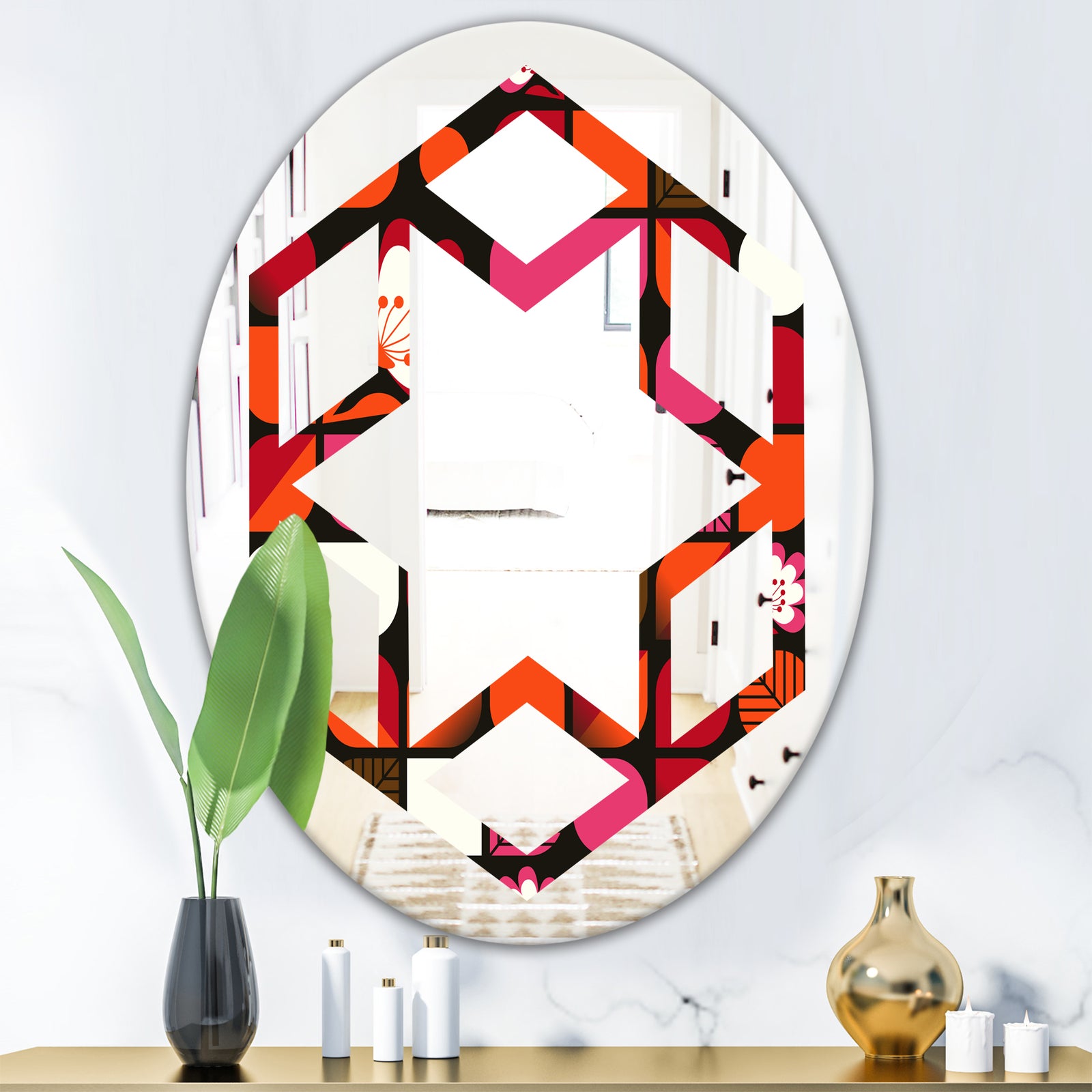 Geometric Retro Flower Design I - Modern Round or Oval Wall Mirror - Hexagon Star
