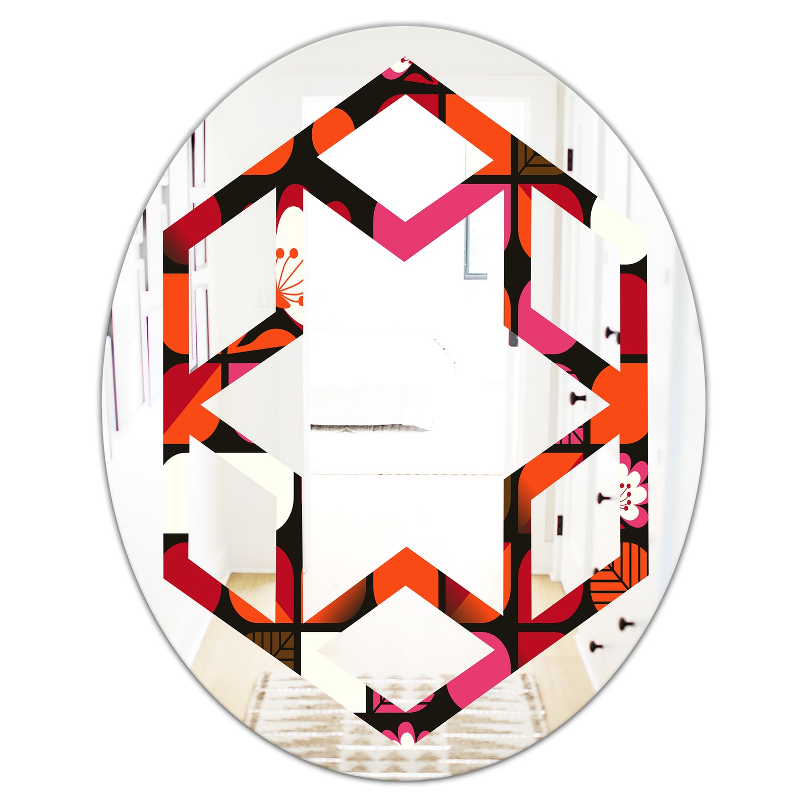 Geometric Retro Flower Design I - Modern Round or Oval Wall Mirror - Hexagon Star