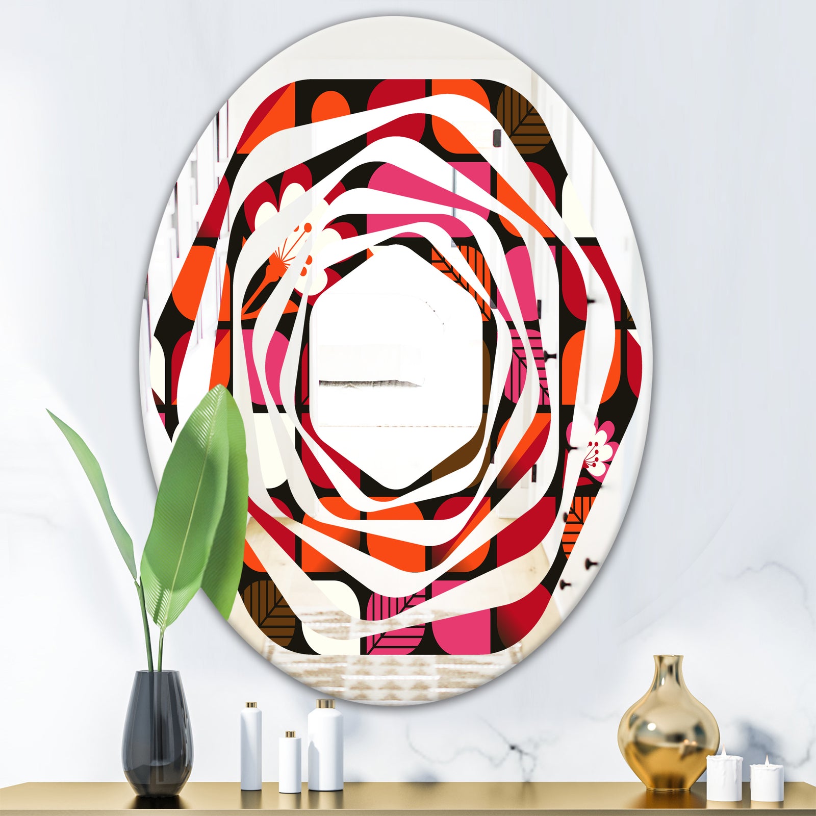 Geometric Retro Flower Design I - Modern Round or Oval Wall Mirror - Whirl