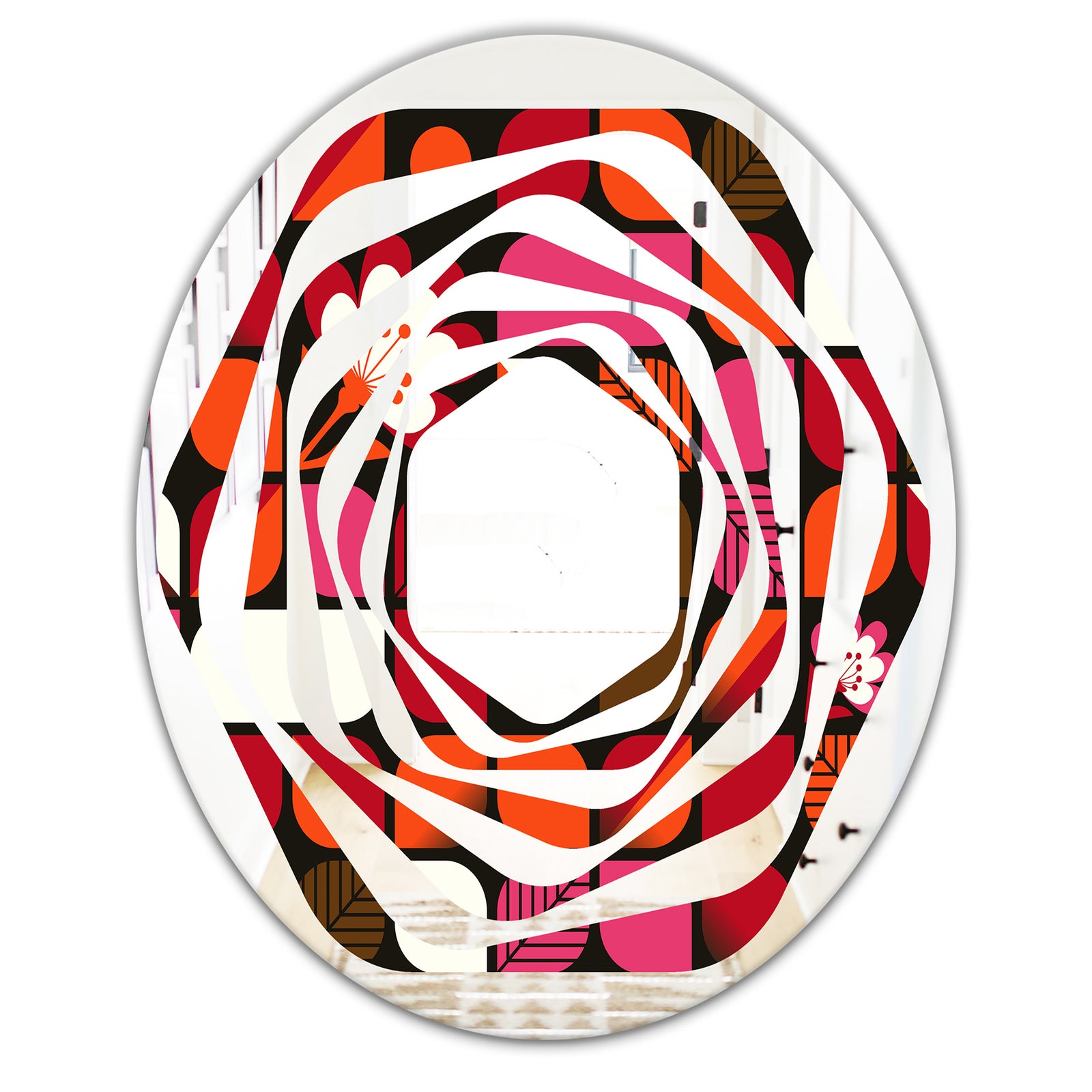 Geometric Retro Flower Design I - Modern Round or Oval Wall Mirror - Whirl