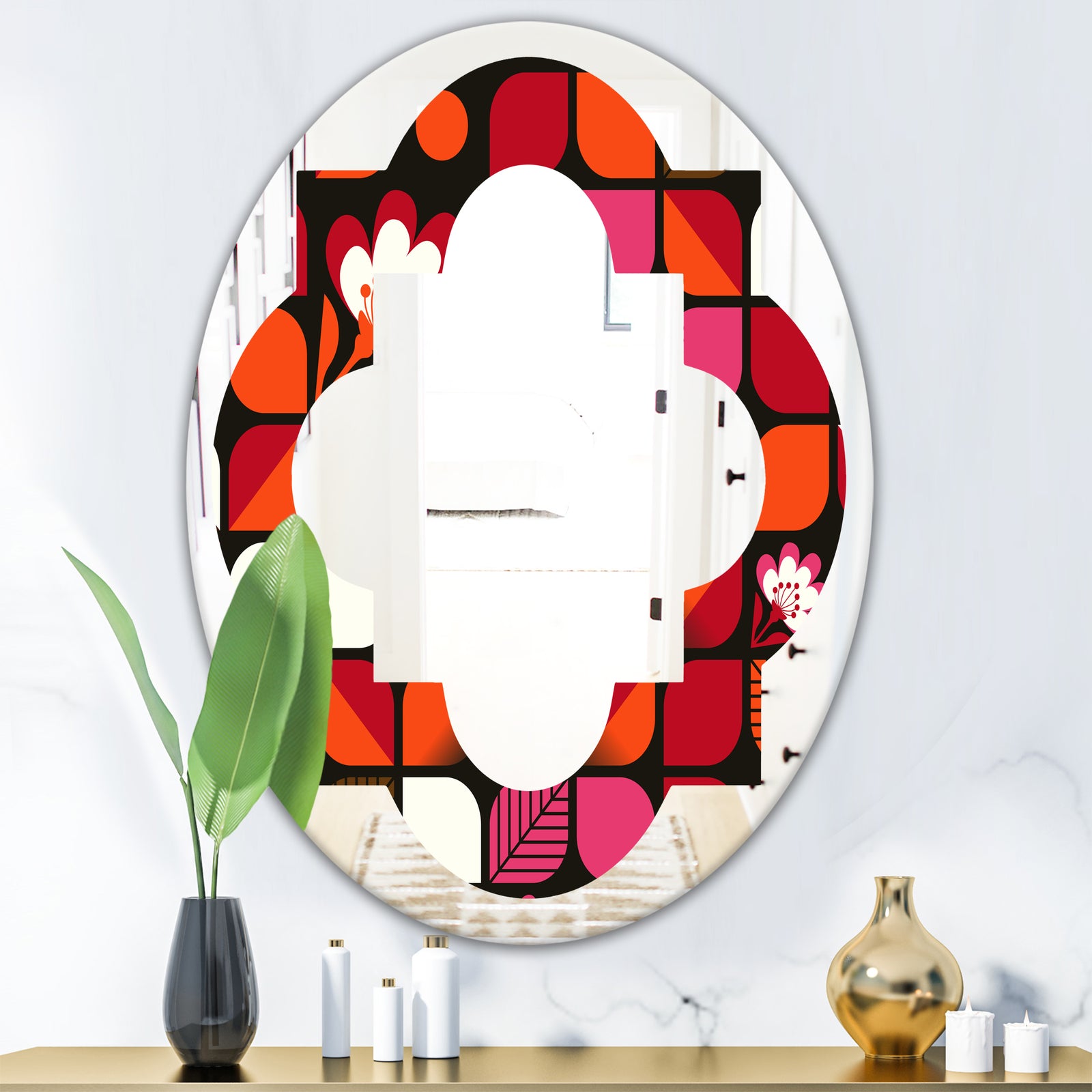 Geometric Retro Flower Design I - Modern Round or Oval Wall Mirror - Quatrefoil
