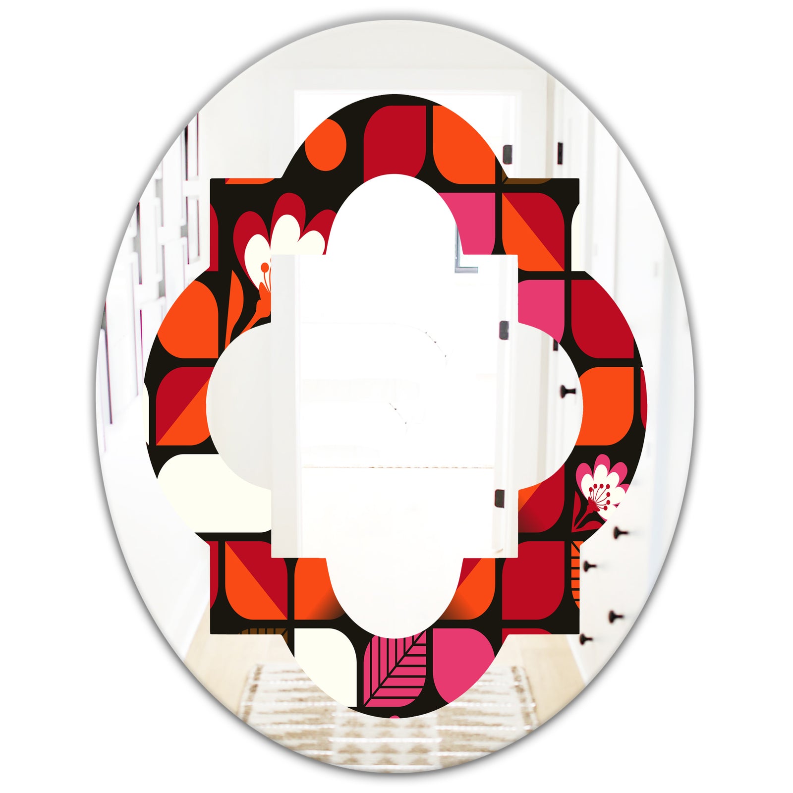 Geometric Retro Flower Design I - Modern Round or Oval Wall Mirror - Quatrefoil