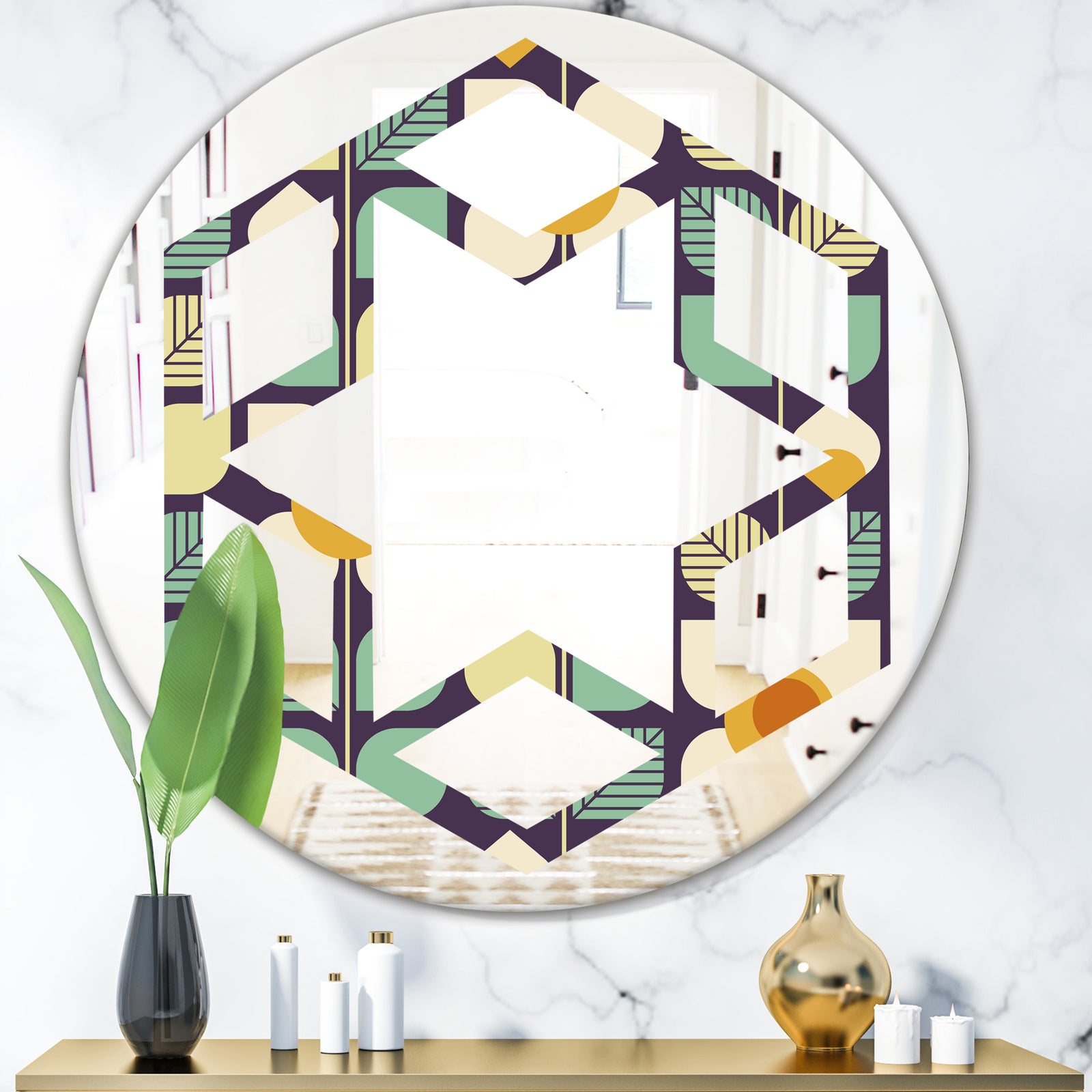 Botanical Retro Design III - Modern Round or Oval Wall Mirror - Hexagon Star