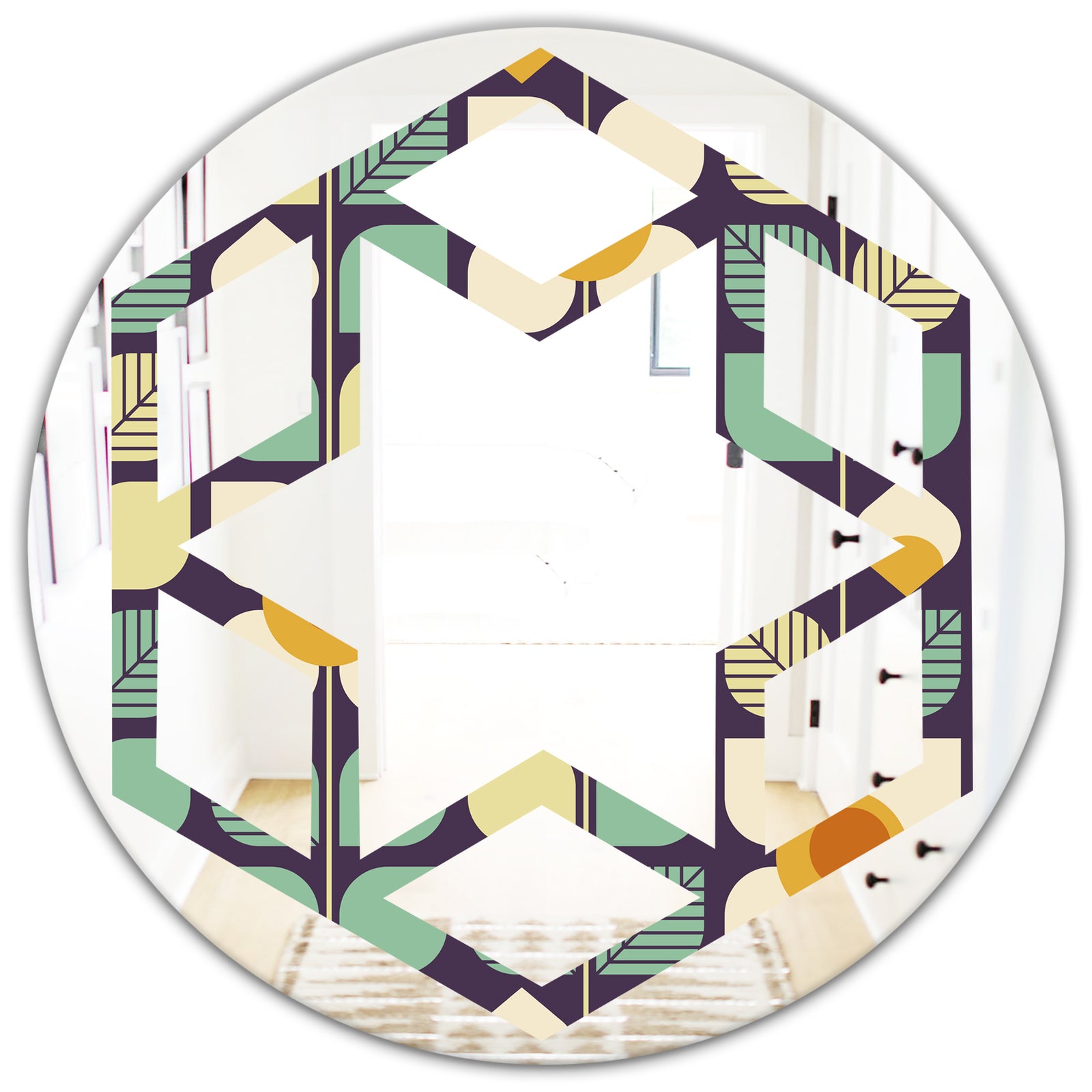 Botanical Retro Design III - Modern Round or Oval Wall Mirror - Hexagon Star