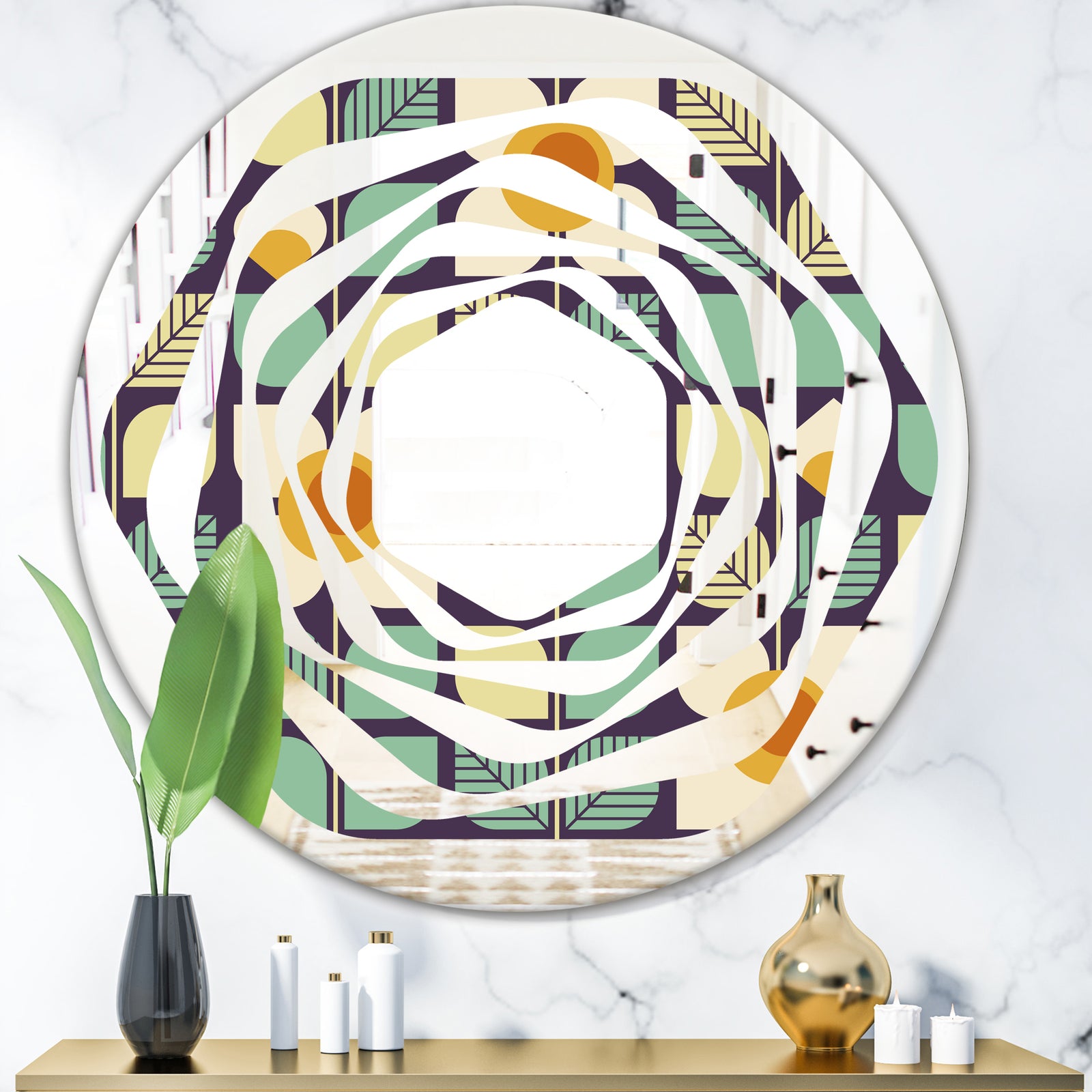 Botanical Retro Design III - Modern Round or Oval Wall Mirror - Whirl