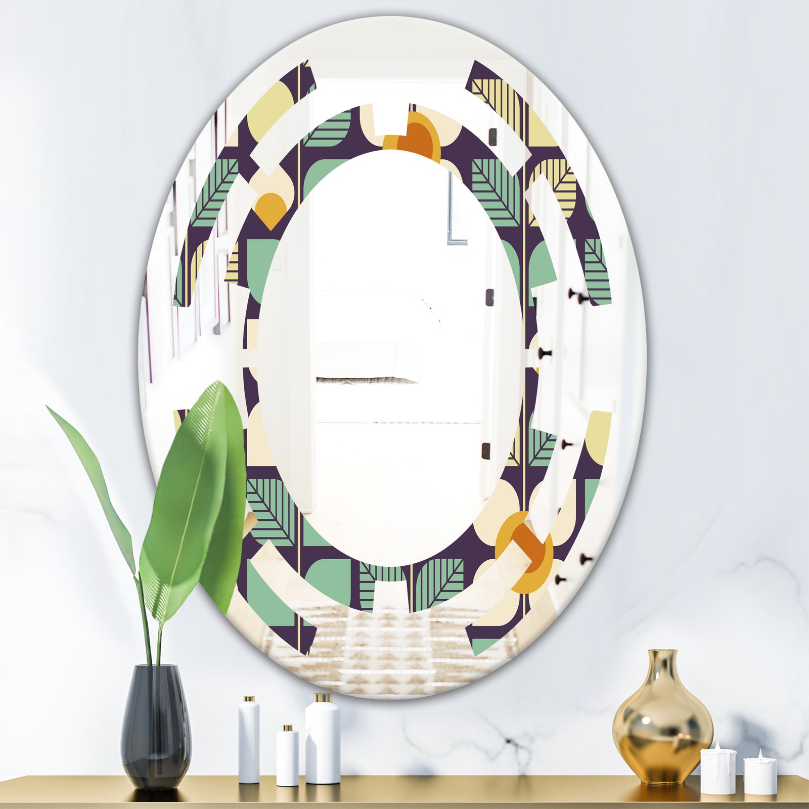 Botanical Retro Design III - Modern Round or Oval Wall Mirror - Space