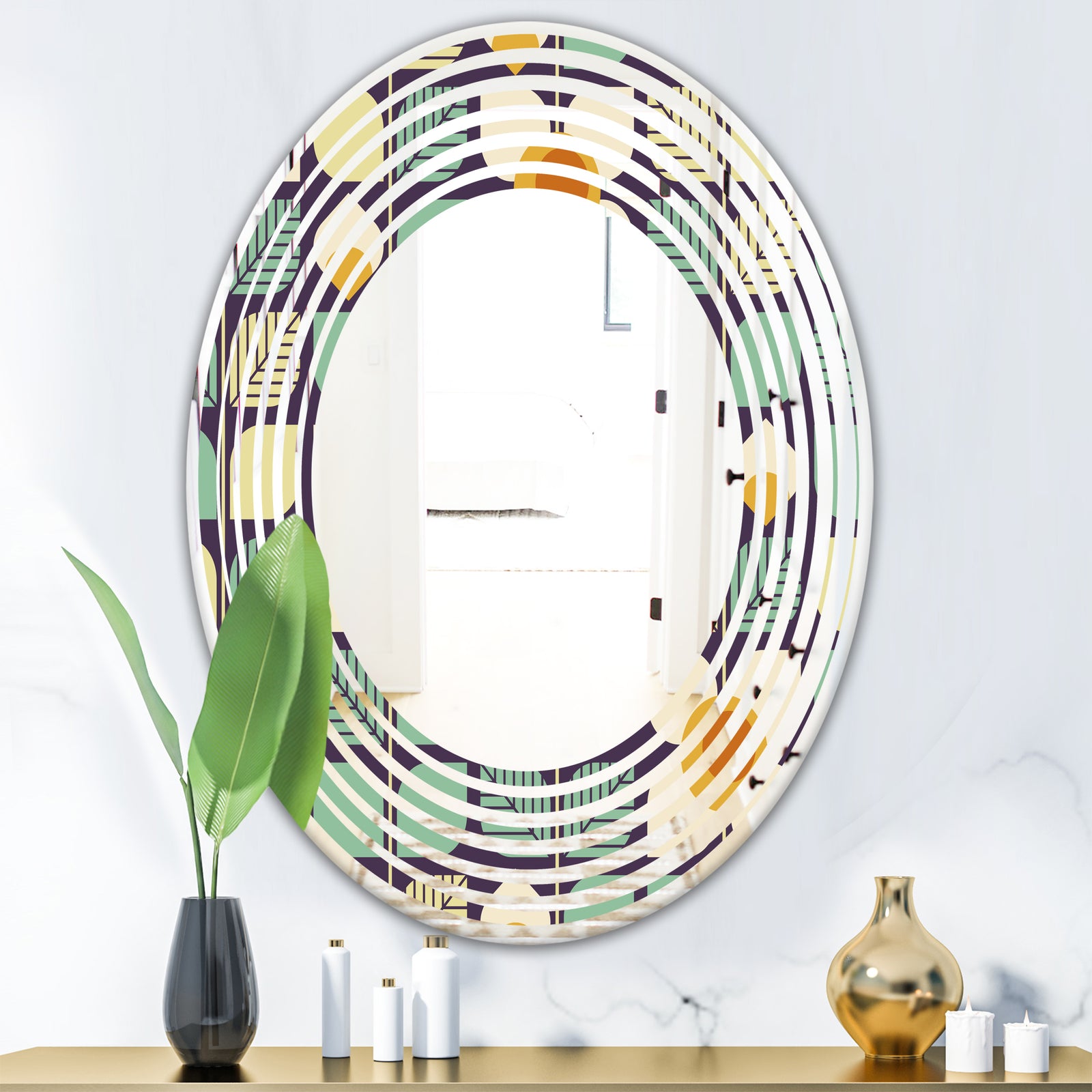 Botanical Retro Design III - Modern Round or Oval Wall Mirror - Wave