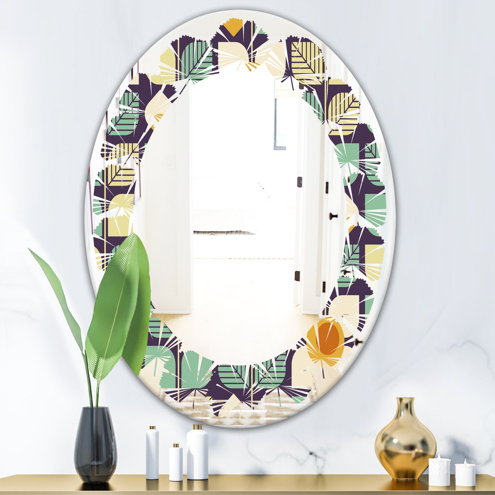 Botanical Retro Design III - Modern Round or Oval Wall Mirror - Leaves