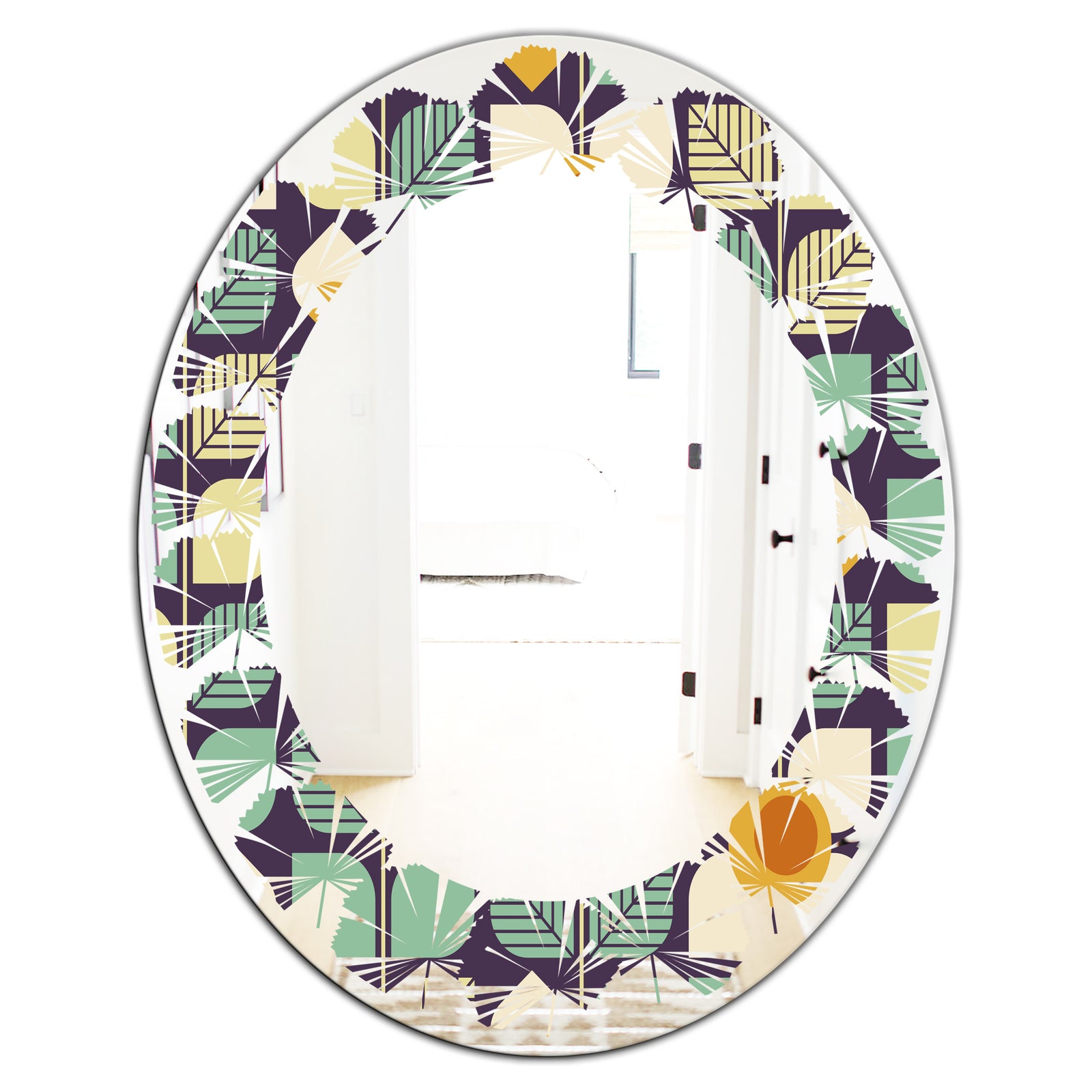 Botanical Retro Design III - Modern Round or Oval Wall Mirror - Leaves