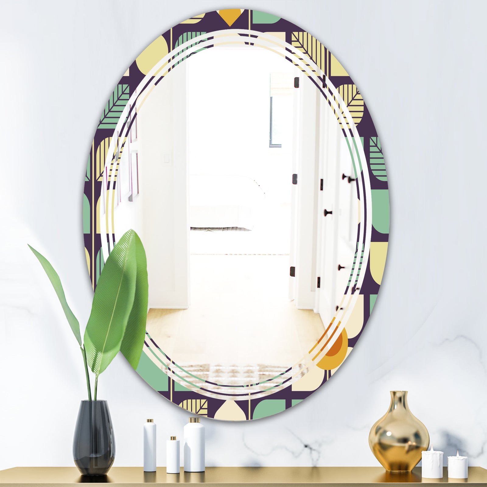 Botanical Retro Design III - Modern Round or Oval Wall Mirror - Triple C