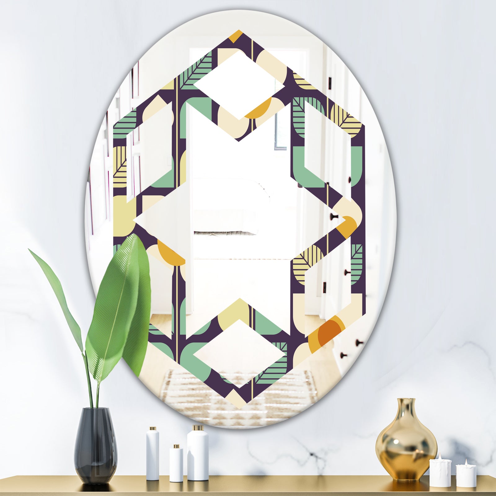Botanical Retro Design III - Modern Round or Oval Wall Mirror - Hexagon Star