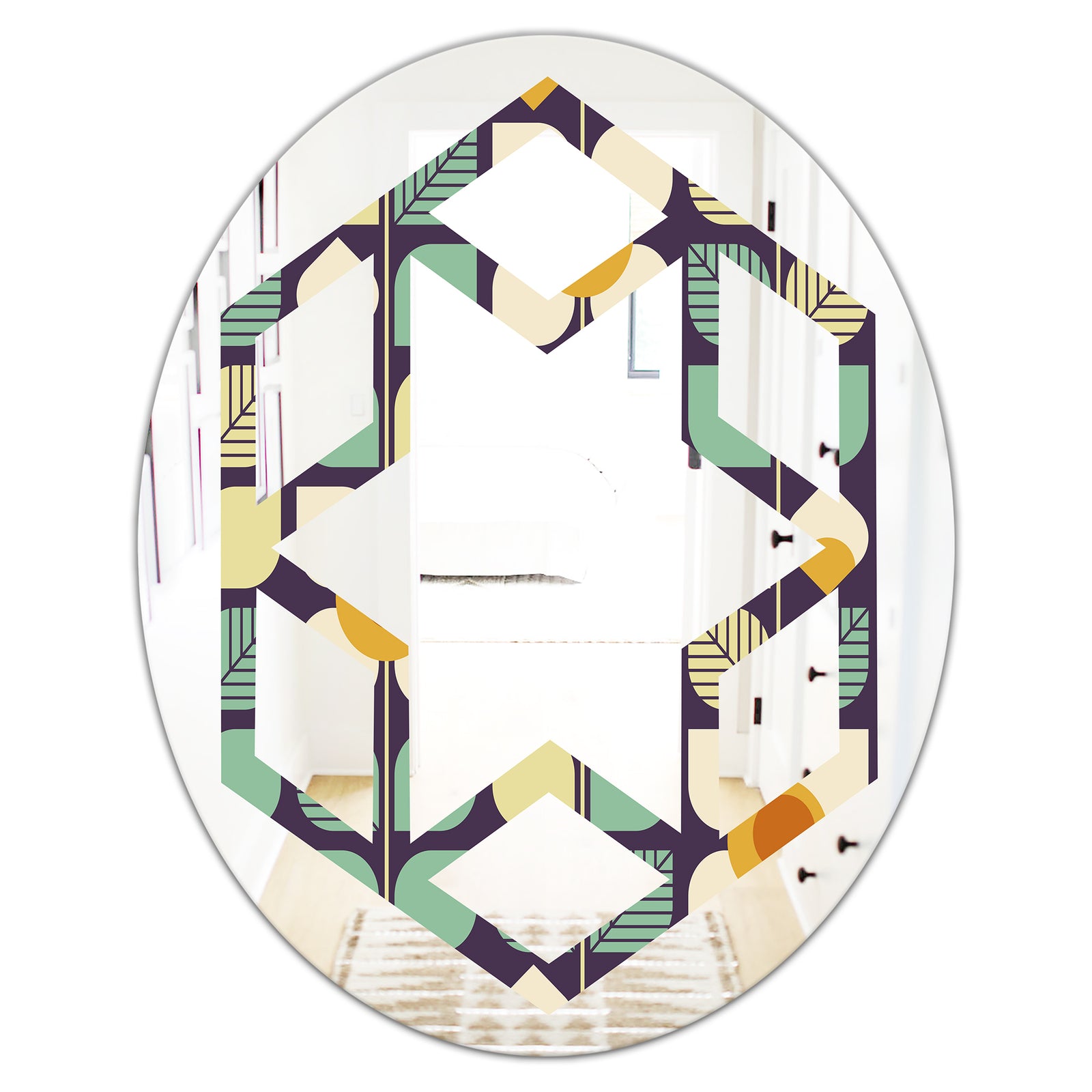 Botanical Retro Design III - Modern Round or Oval Wall Mirror - Hexagon Star