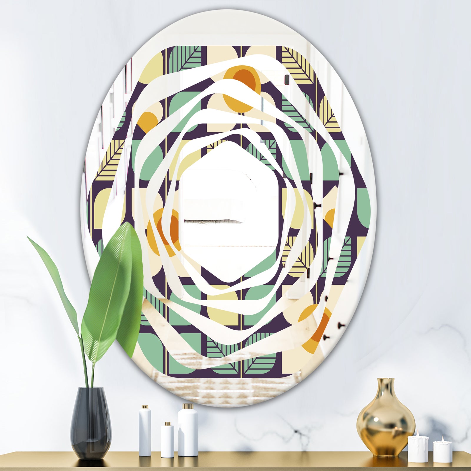 Botanical Retro Design III - Modern Round or Oval Wall Mirror - Whirl