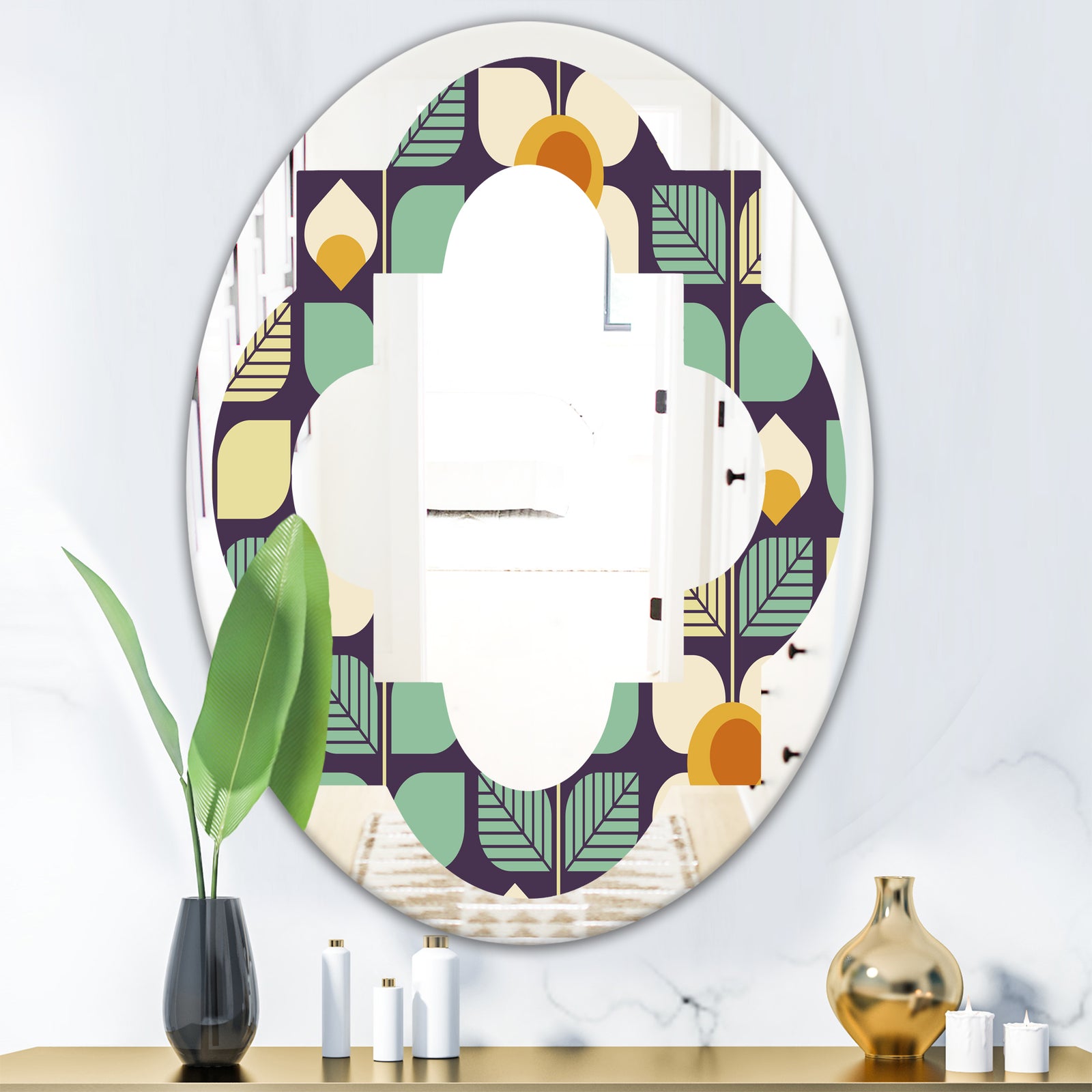 Botanical Retro Design III - Modern Round or Oval Wall Mirror - Quatrefoil