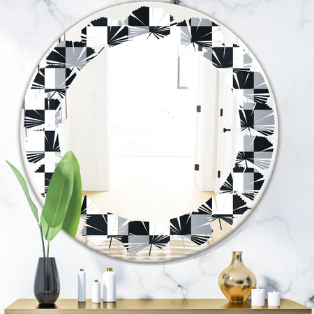 Geometric Monochrome Pattern I - Modern Round or Oval Wall Mirror - Leaves