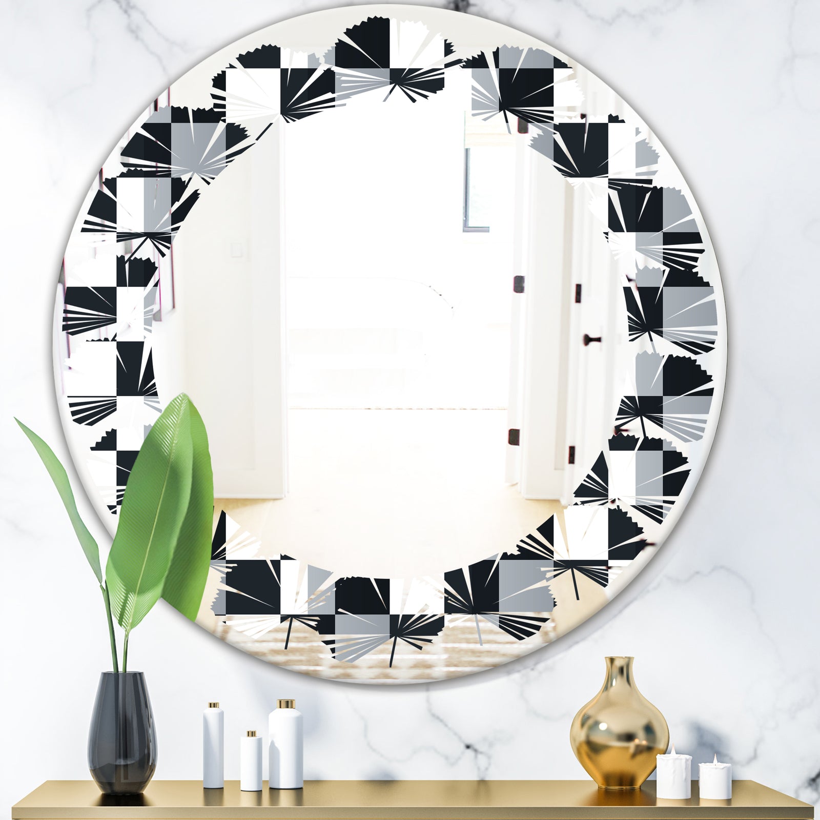Geometric Monochrome Pattern I - Modern Round or Oval Wall Mirror - Leaves
