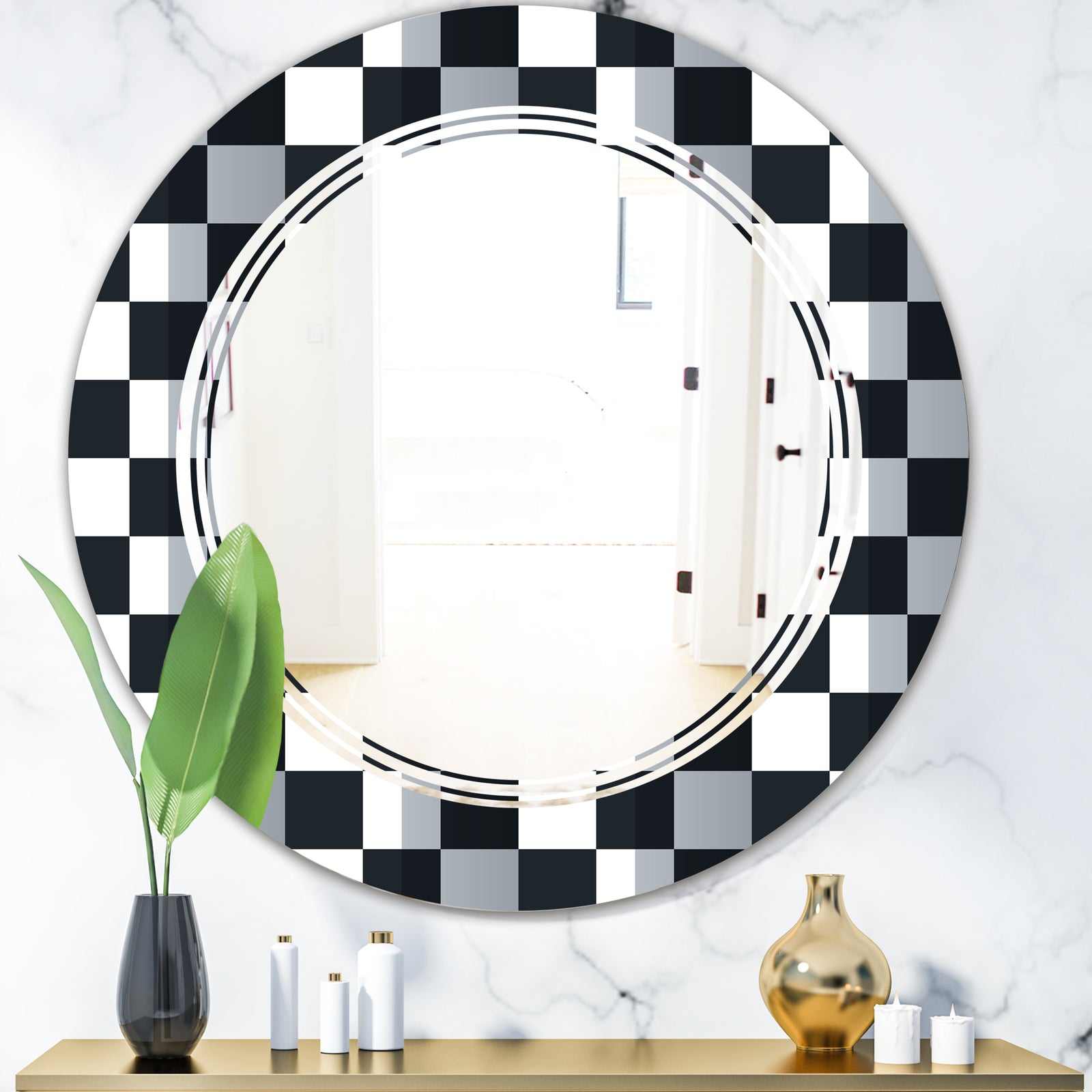 Geometric Monochrome Pattern I - Modern Round or Oval Wall Mirror - Triple C