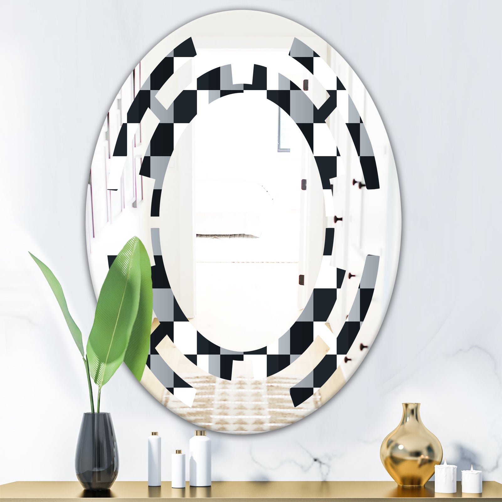Geometric Monochrome Pattern I - Modern Round or Oval Wall Mirror - Space