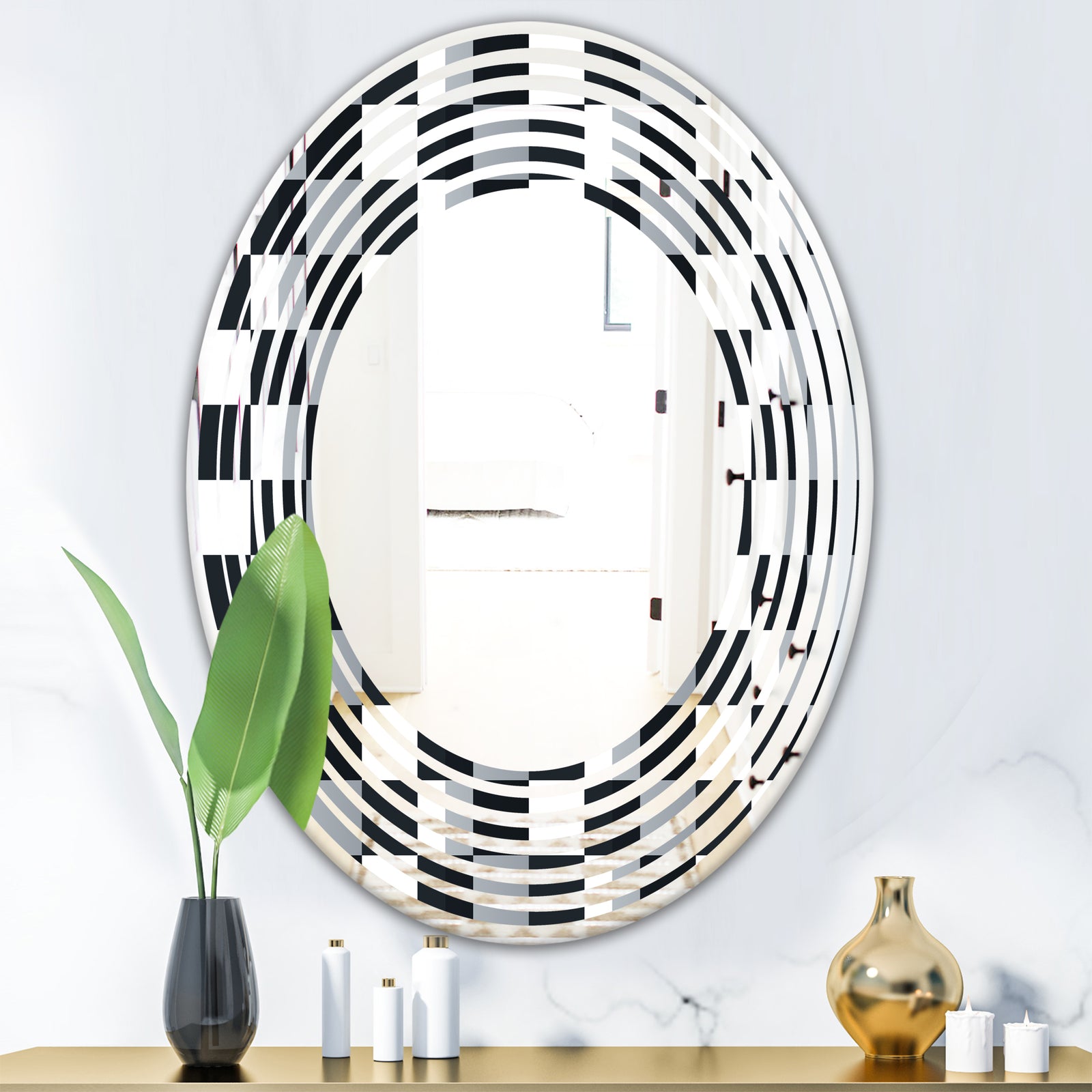 Geometric Monochrome Pattern I - Modern Round or Oval Wall Mirror - Wave