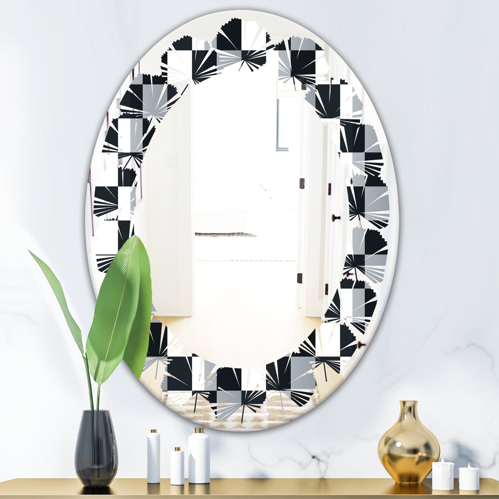 Geometric Monochrome Pattern I - Modern Round or Oval Wall Mirror - Leaves