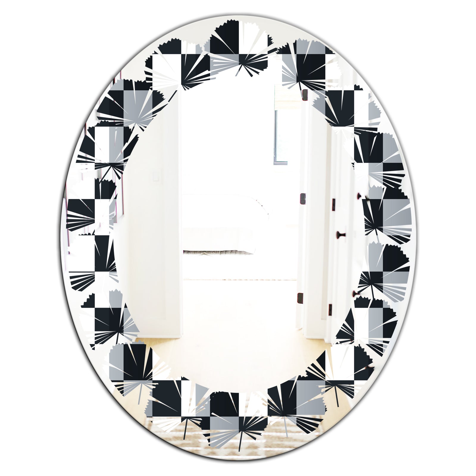 Geometric Monochrome Pattern I - Modern Round or Oval Wall Mirror - Leaves