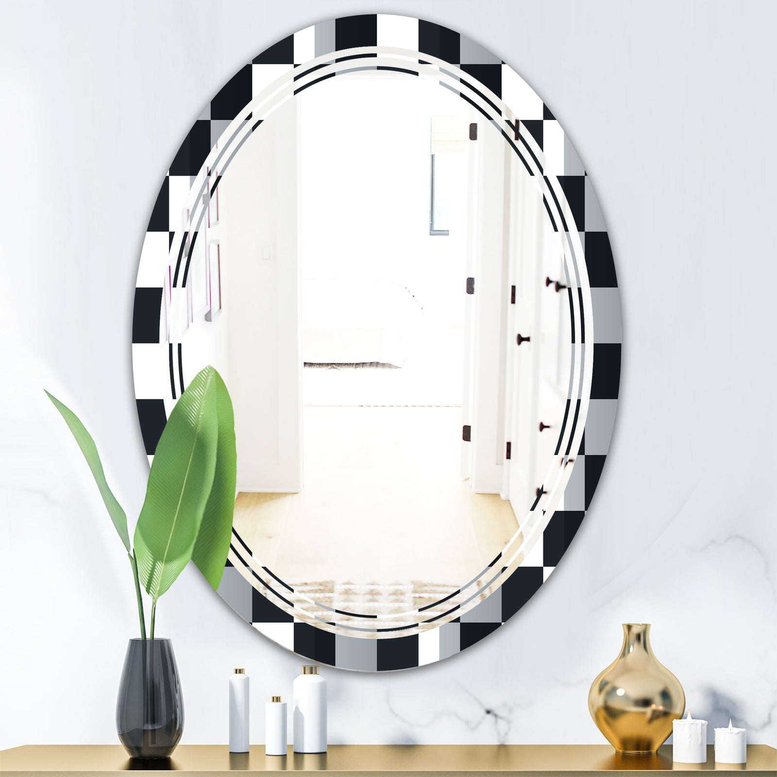 Geometric Monochrome Pattern I - Modern Round or Oval Wall Mirror - Triple C