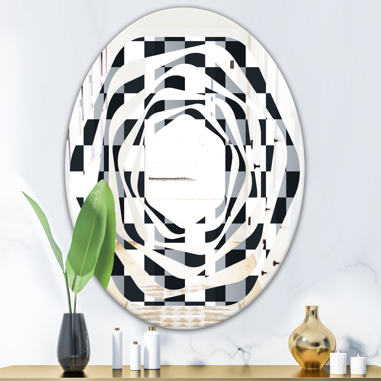 Geometric Monochrome Pattern I - Modern Round or Oval Wall Mirror - Whirl