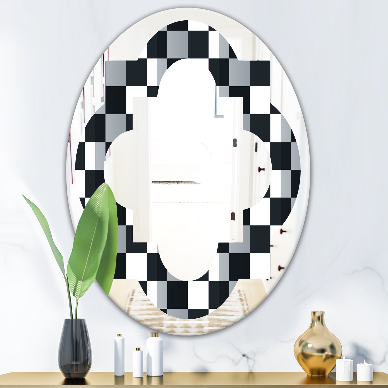 Geometric Monochrome Pattern I - Modern Round or Oval Wall Mirror - Quatrefoil