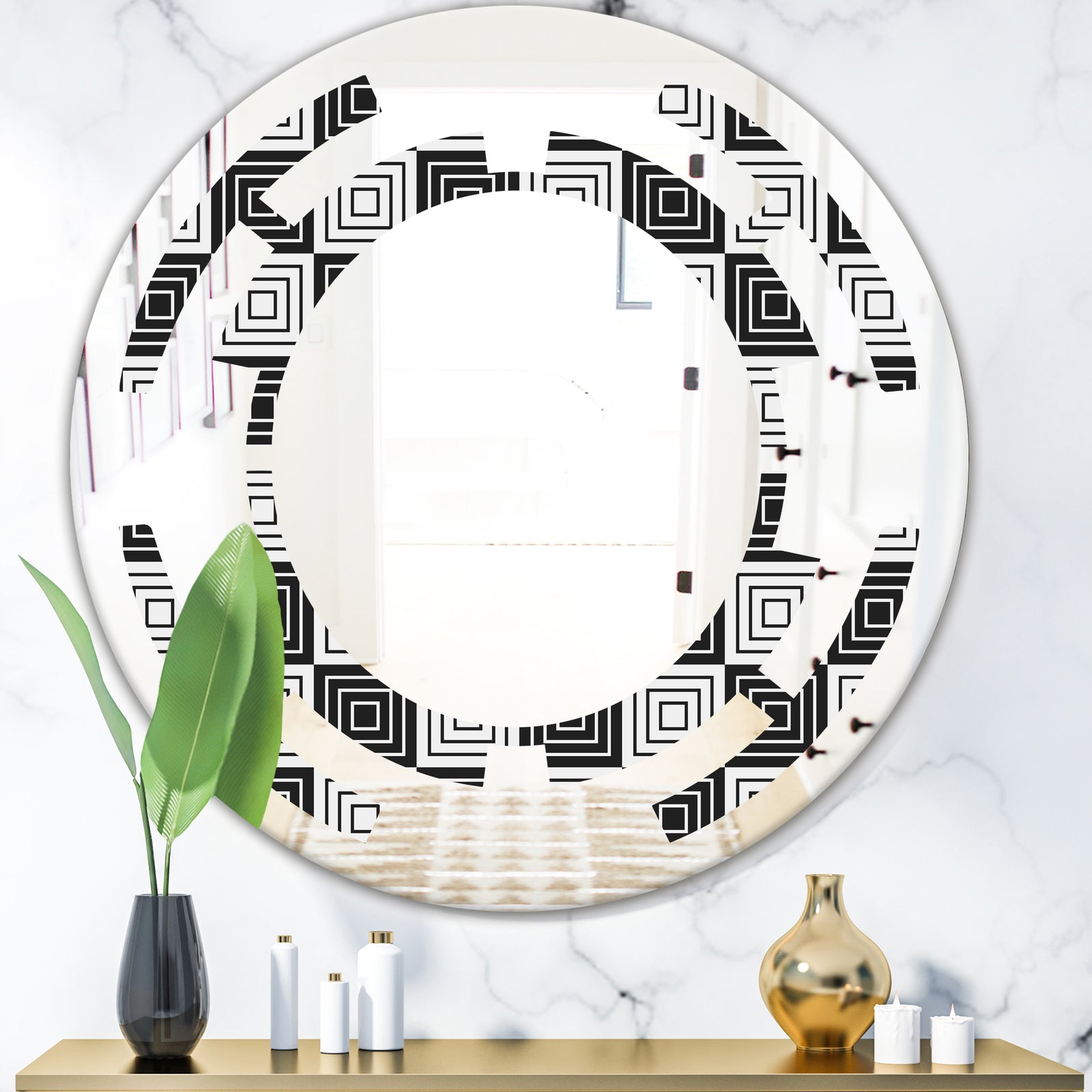 Monochrome Geometric Pattern XI - Modern Round or Oval Wall Mirror - Space