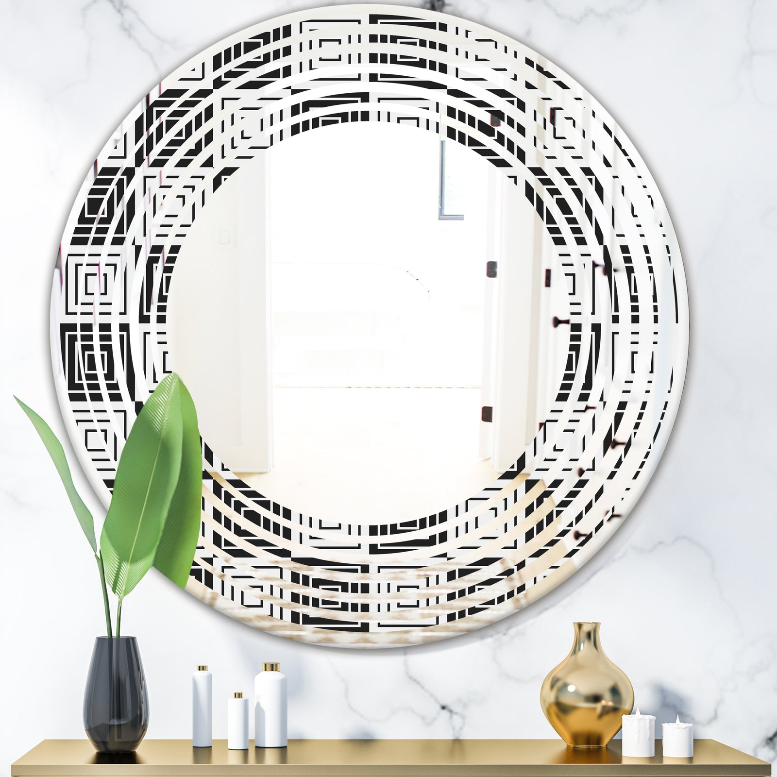 Monochrome Geometric Pattern XI - Modern Round or Oval Wall Mirror - Wave