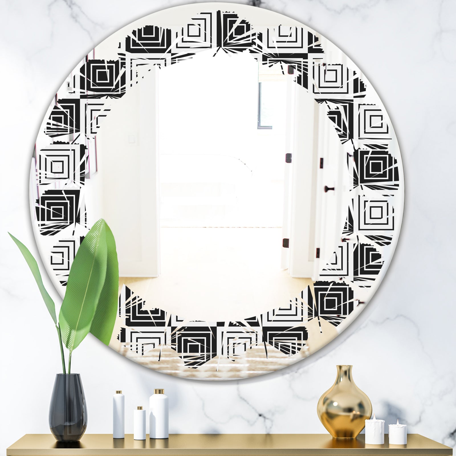 Monochrome Geometric Pattern XI - Modern Round or Oval Wall Mirror - Leaves