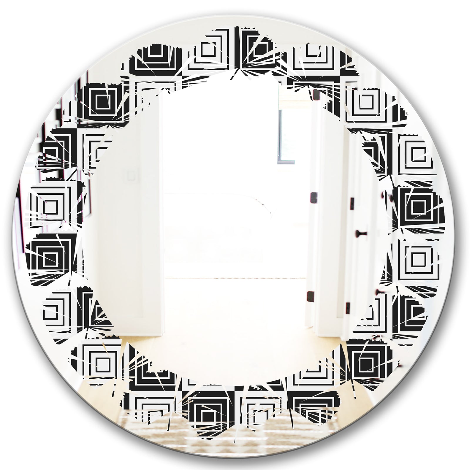 Monochrome Geometric Pattern XI - Modern Round or Oval Wall Mirror - Leaves