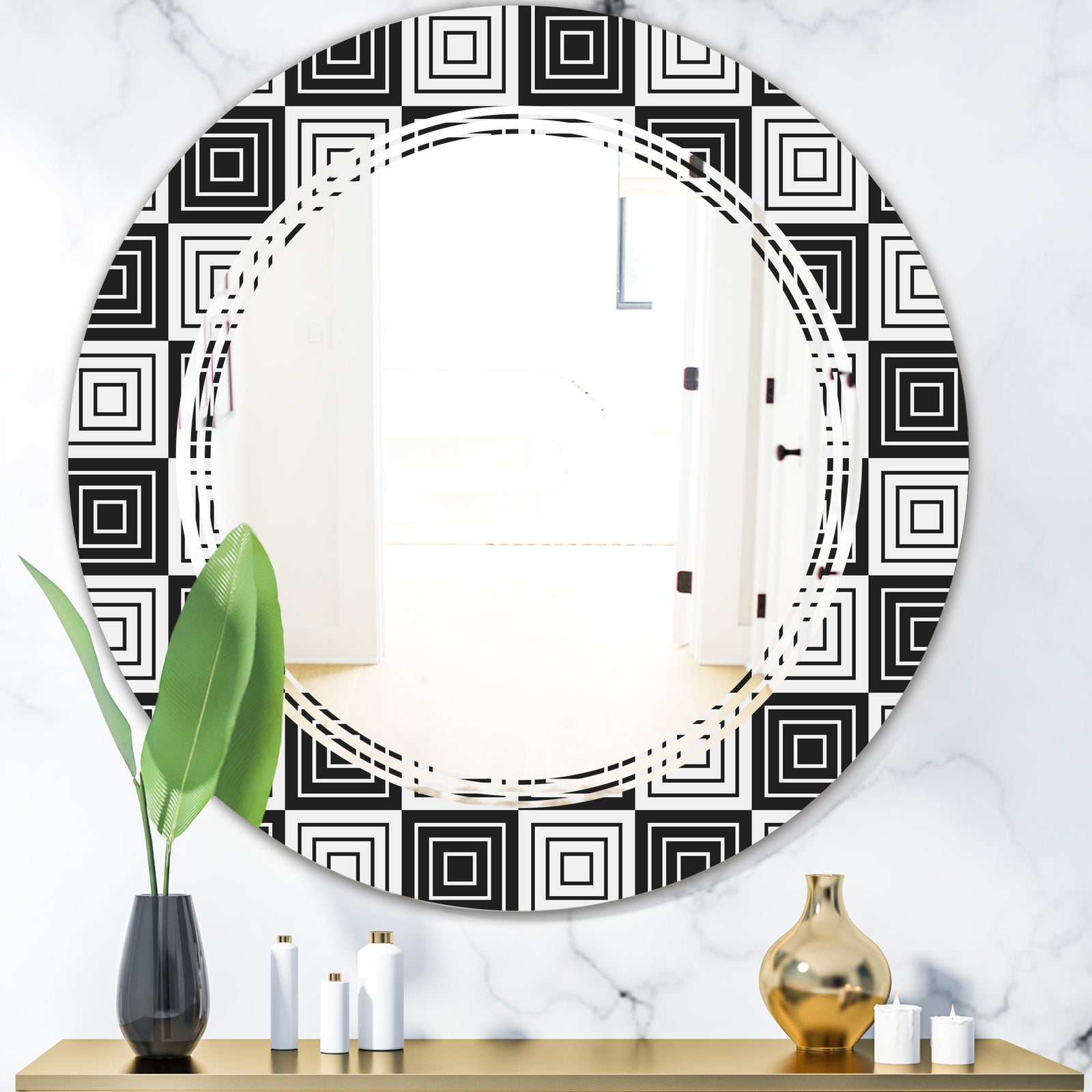 Monochrome Geometric Pattern XI - Modern Round or Oval Wall Mirror - Triple C