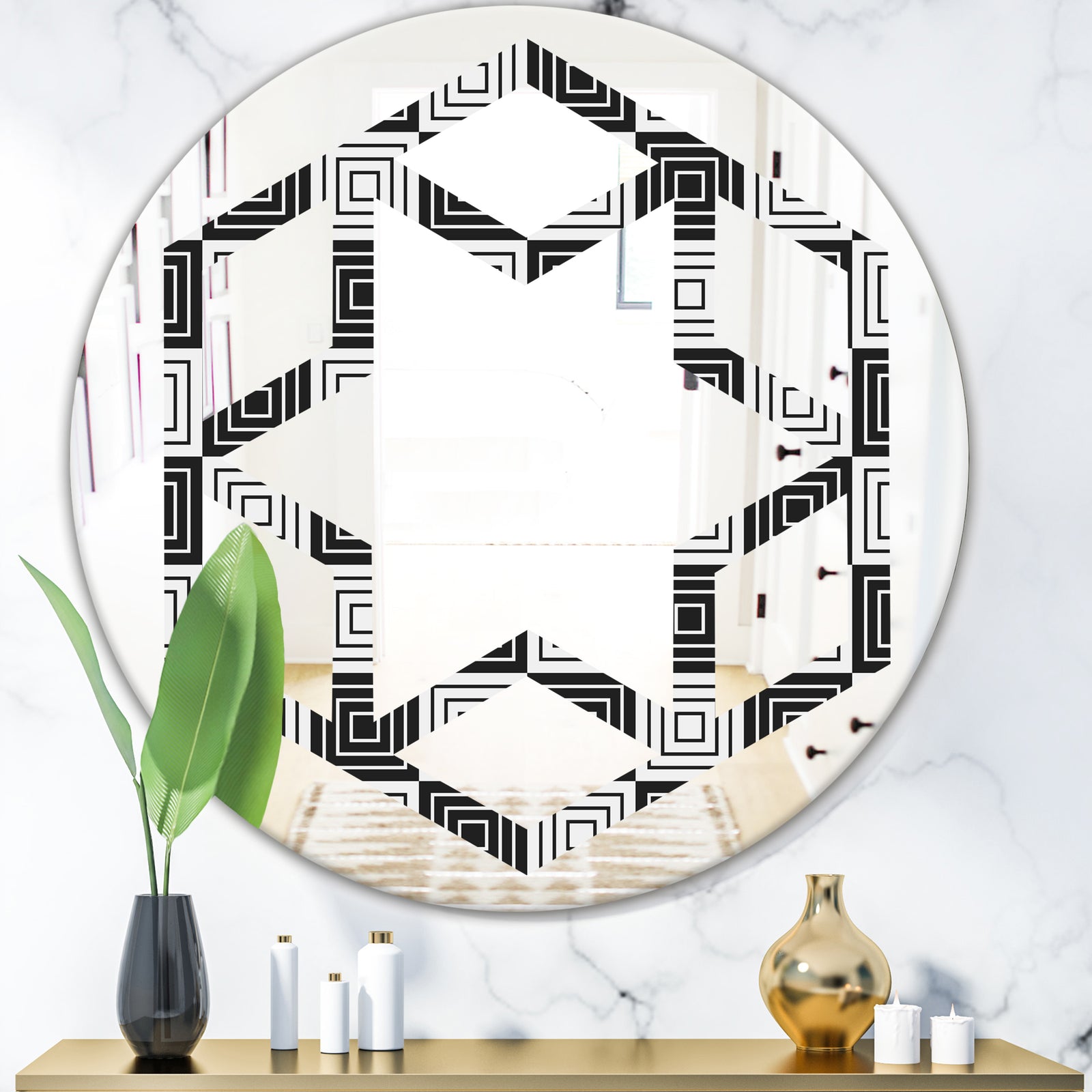 Monochrome Geometric Pattern XI - Modern Round or Oval Wall Mirror - Hexagon Star